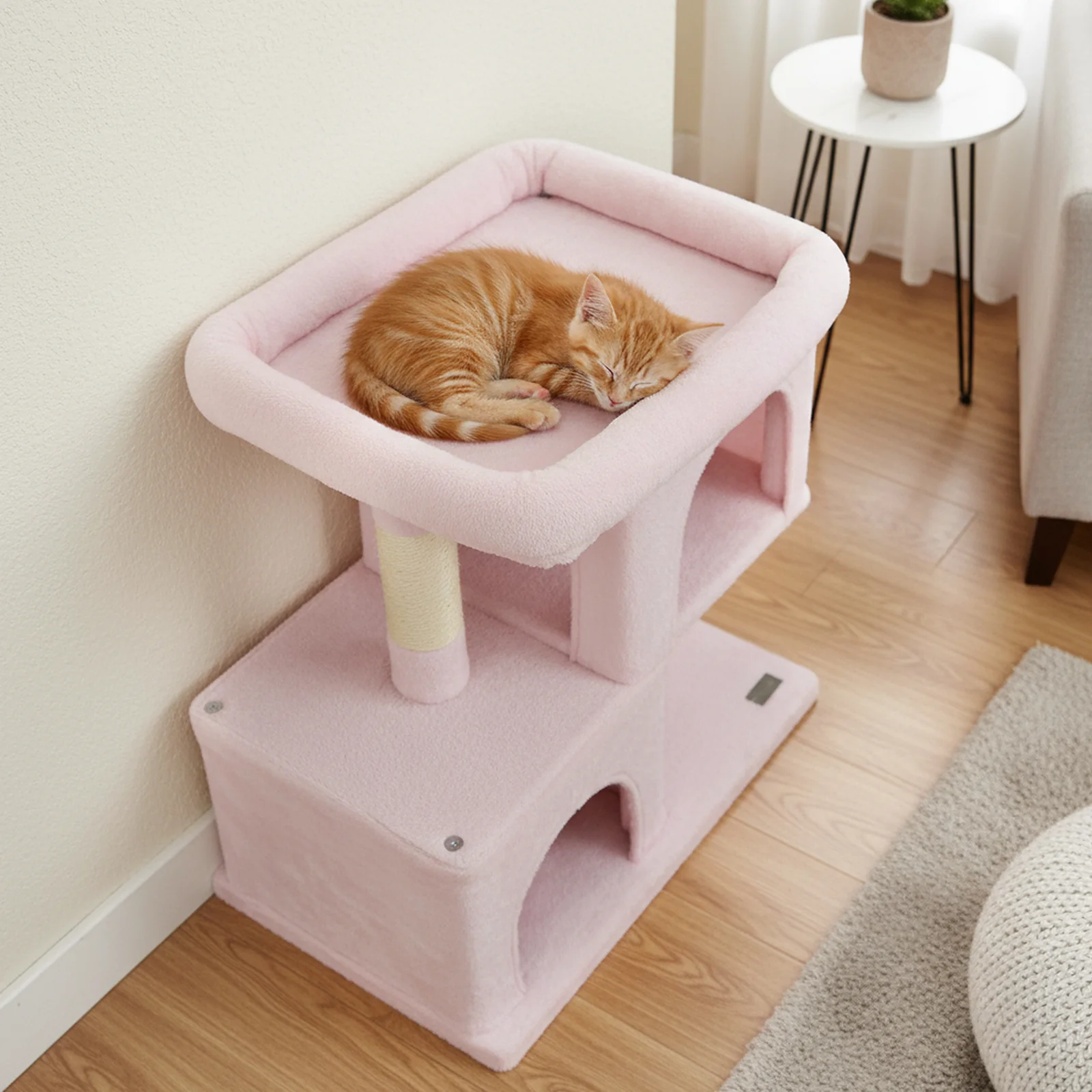 Modern Cat Tree Space-saving Cat Tower with Upholstered Perch and 2 Cat Condos, Pink - Image 3