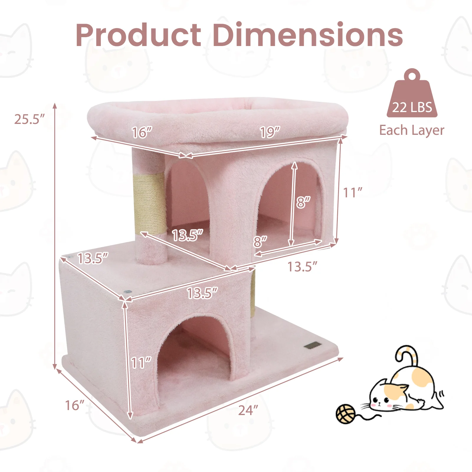Modern Cat Tree Space-saving Cat Tower with Upholstered Perch and 2 Cat Condos, Pink - Image 6