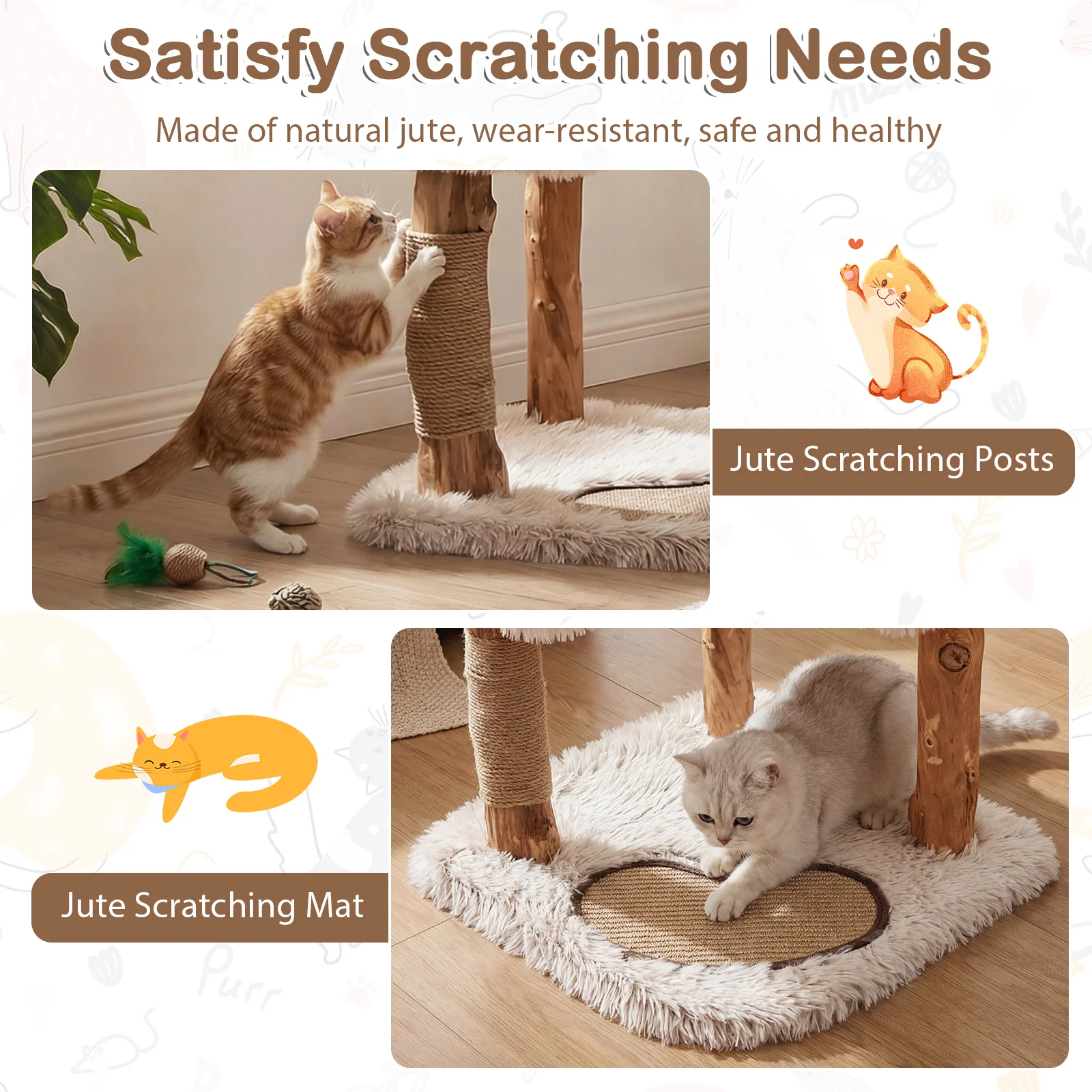 Modern Cat Tree Tower 40" with Luxury Real Wood Natural Branch, Natural & White - Image 10