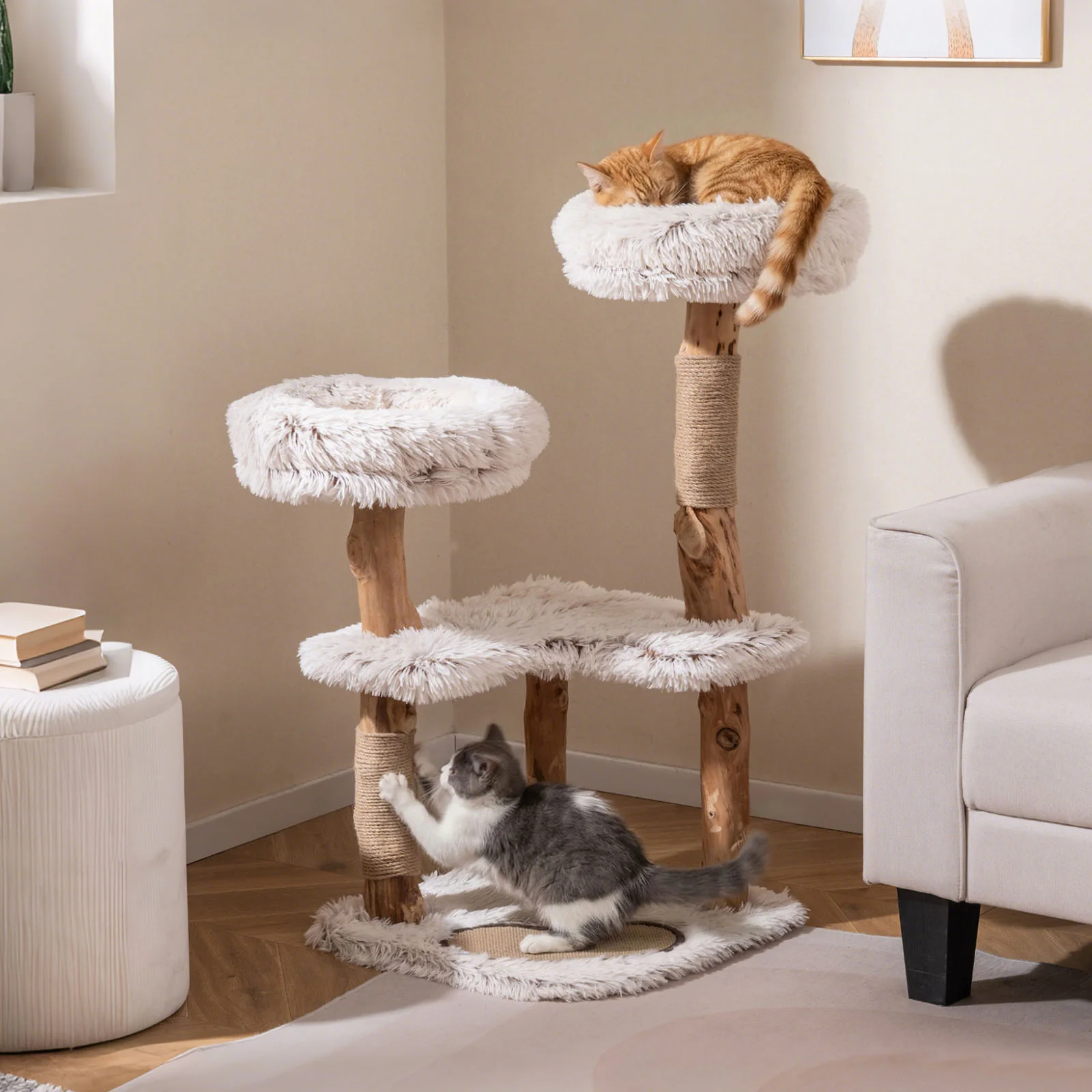 Modern Cat Tree Tower 40" with Luxury Real Wood Natural Branch, Natural & White - Image 2