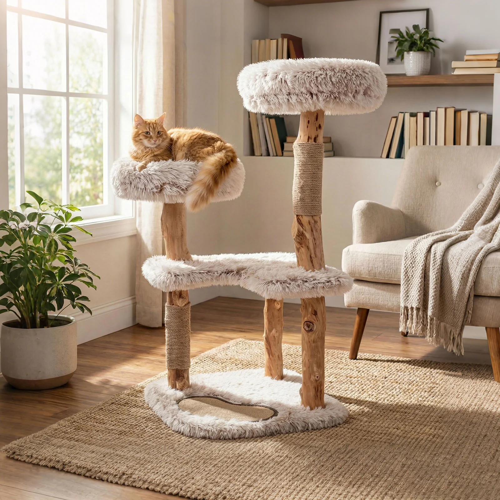 Modern Cat Tree Tower 40" with Luxury Real Wood Natural Branch, Natural & White - Image 3