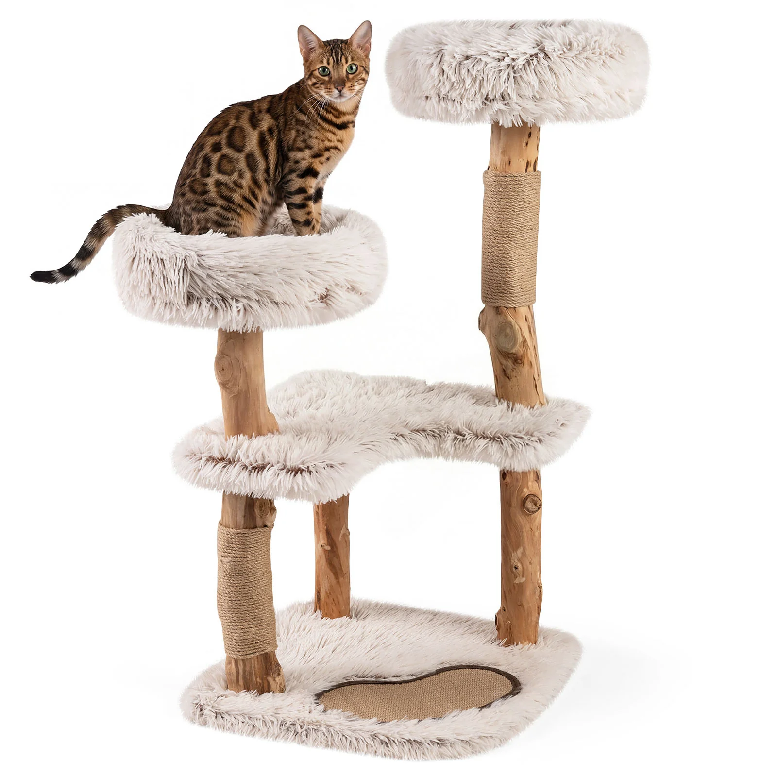 Modern Cat Tree Tower 40" with Luxury Real Wood Natural Branch, Natural & White - Image 4