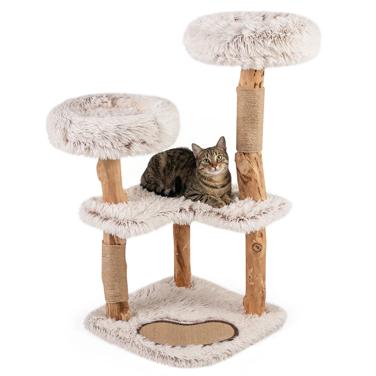 Modern Cat Tree Tower 40" with Luxury Real Wood Natural Branch, Natural & White - Image 5