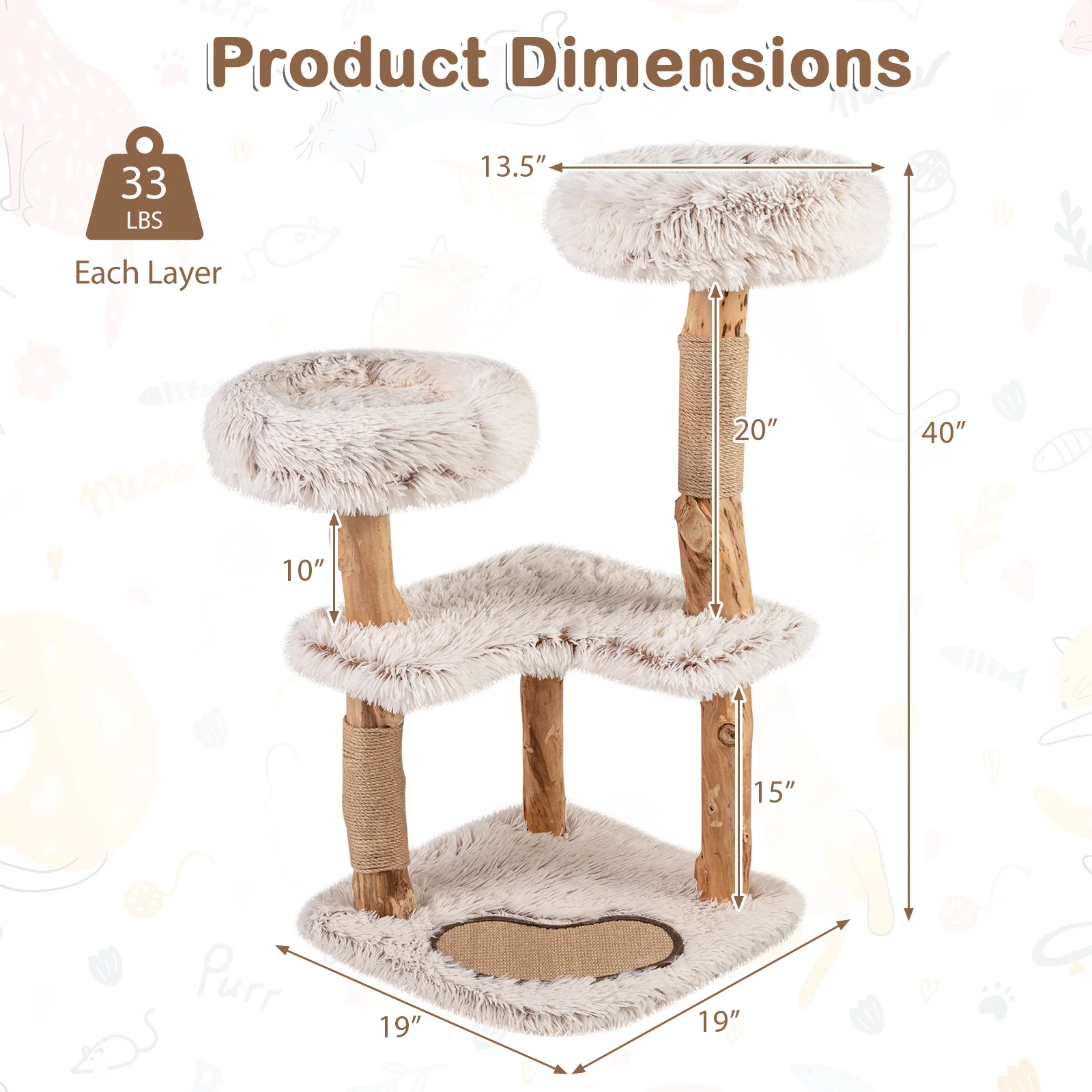 Modern Cat Tree Tower 40" with Luxury Real Wood Natural Branch, Natural & White - Image 6