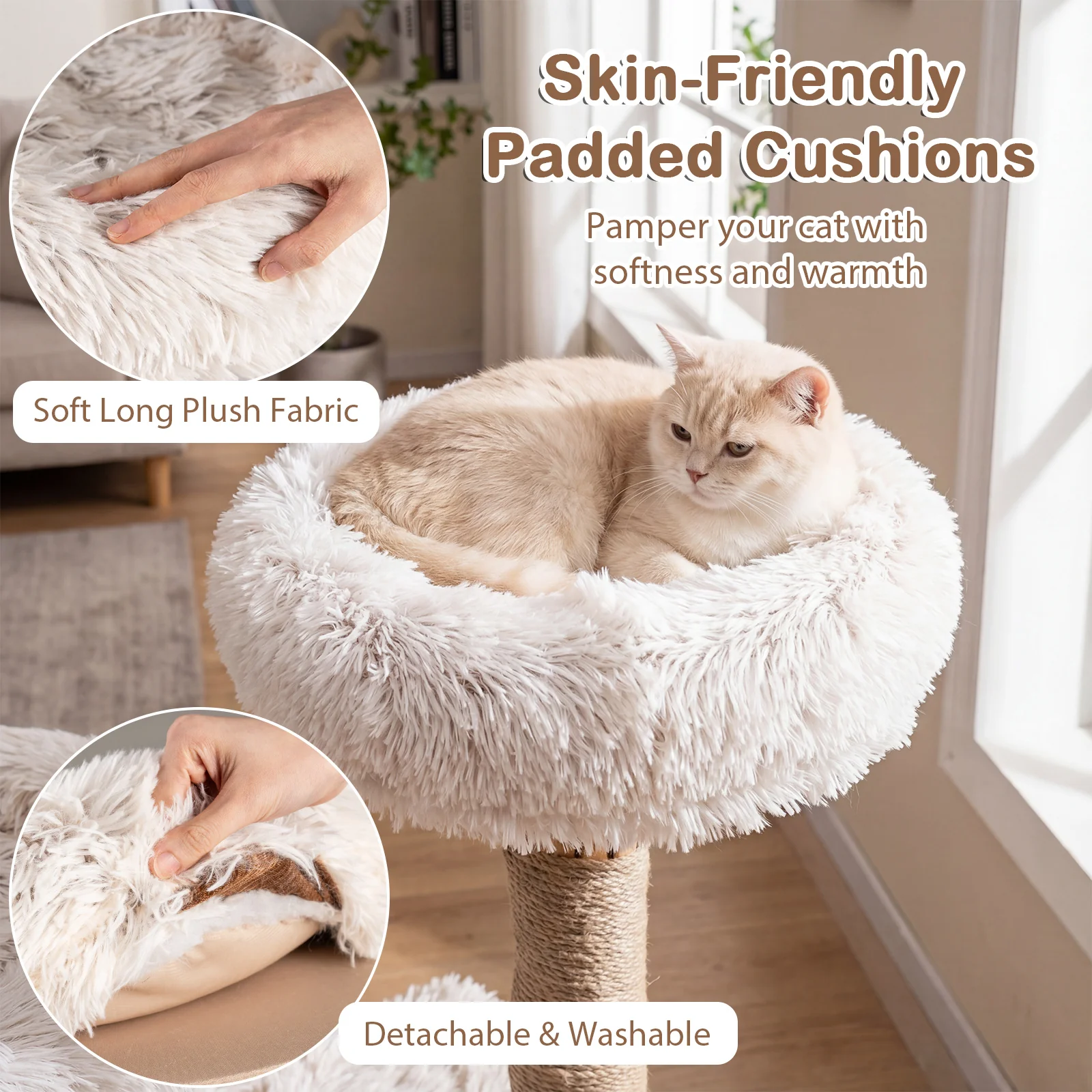 Modern Cat Tree Tower 40" with Luxury Real Wood Natural Branch, Natural & White - Image 7