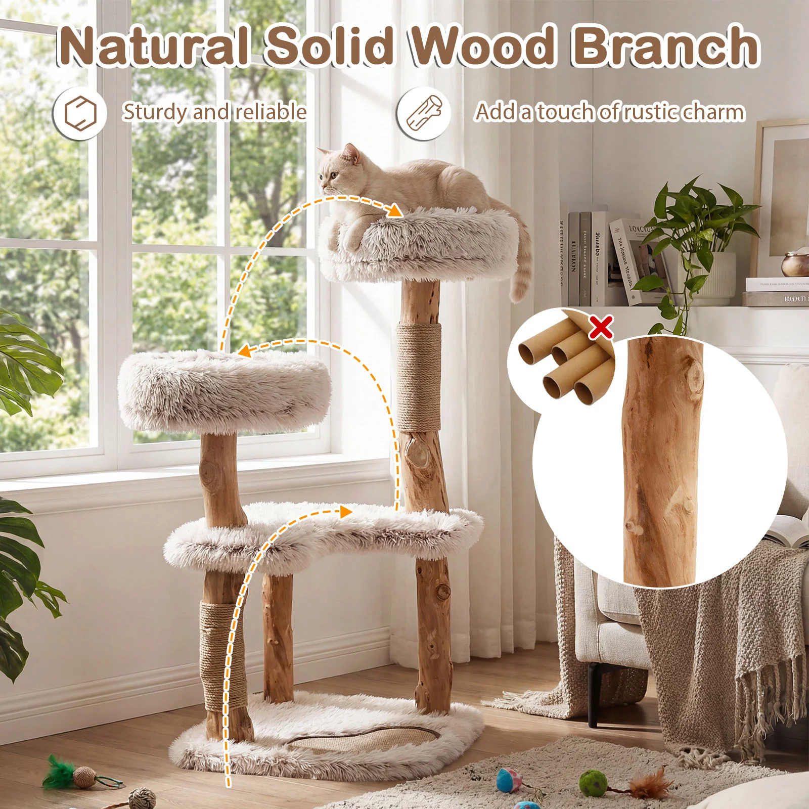 Modern Cat Tree Tower 40" with Luxury Real Wood Natural Branch, Natural & White - Image 8