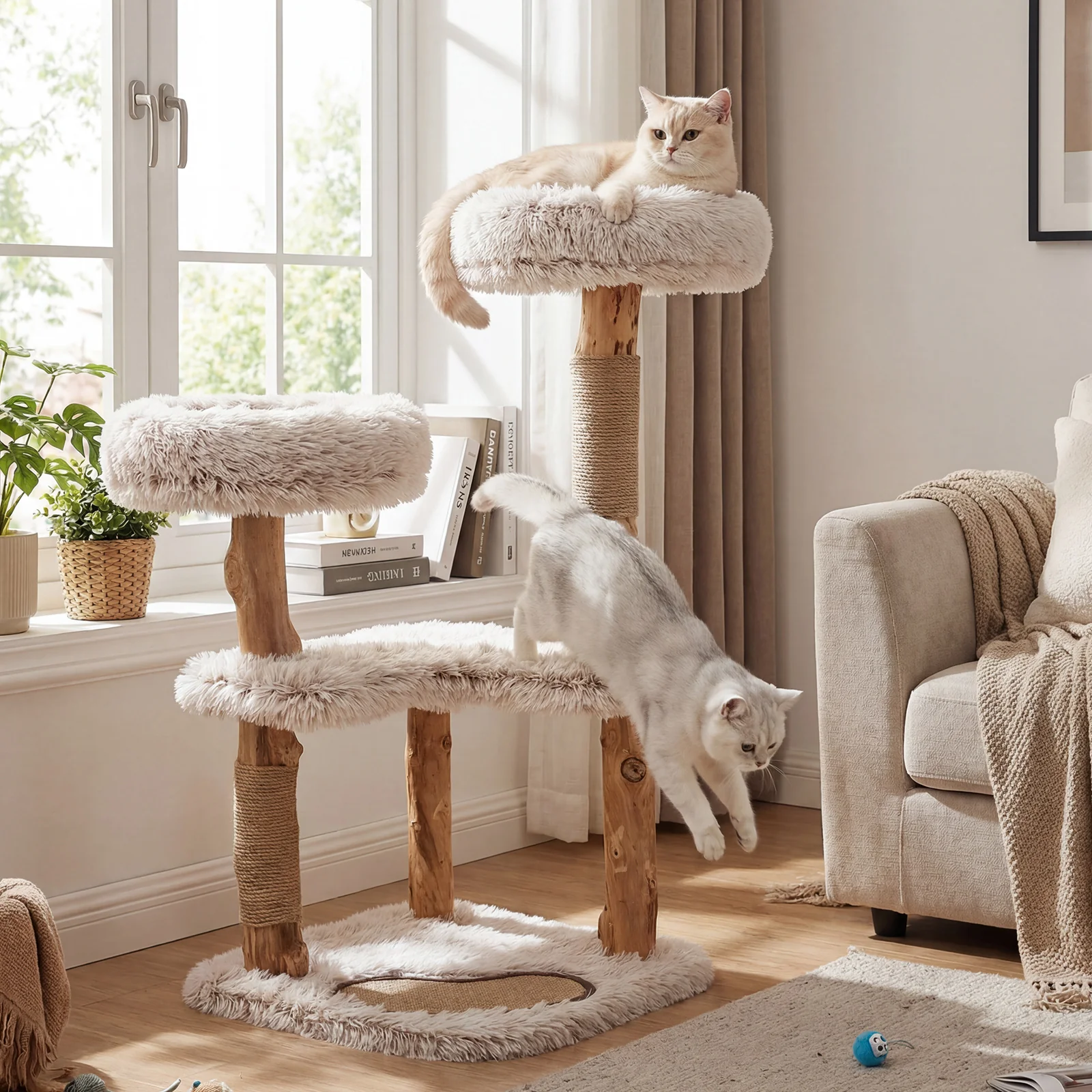 Modern Cat Tree Tower 40" with Luxury Real Wood Natural Branch, Natural & White - Image 9