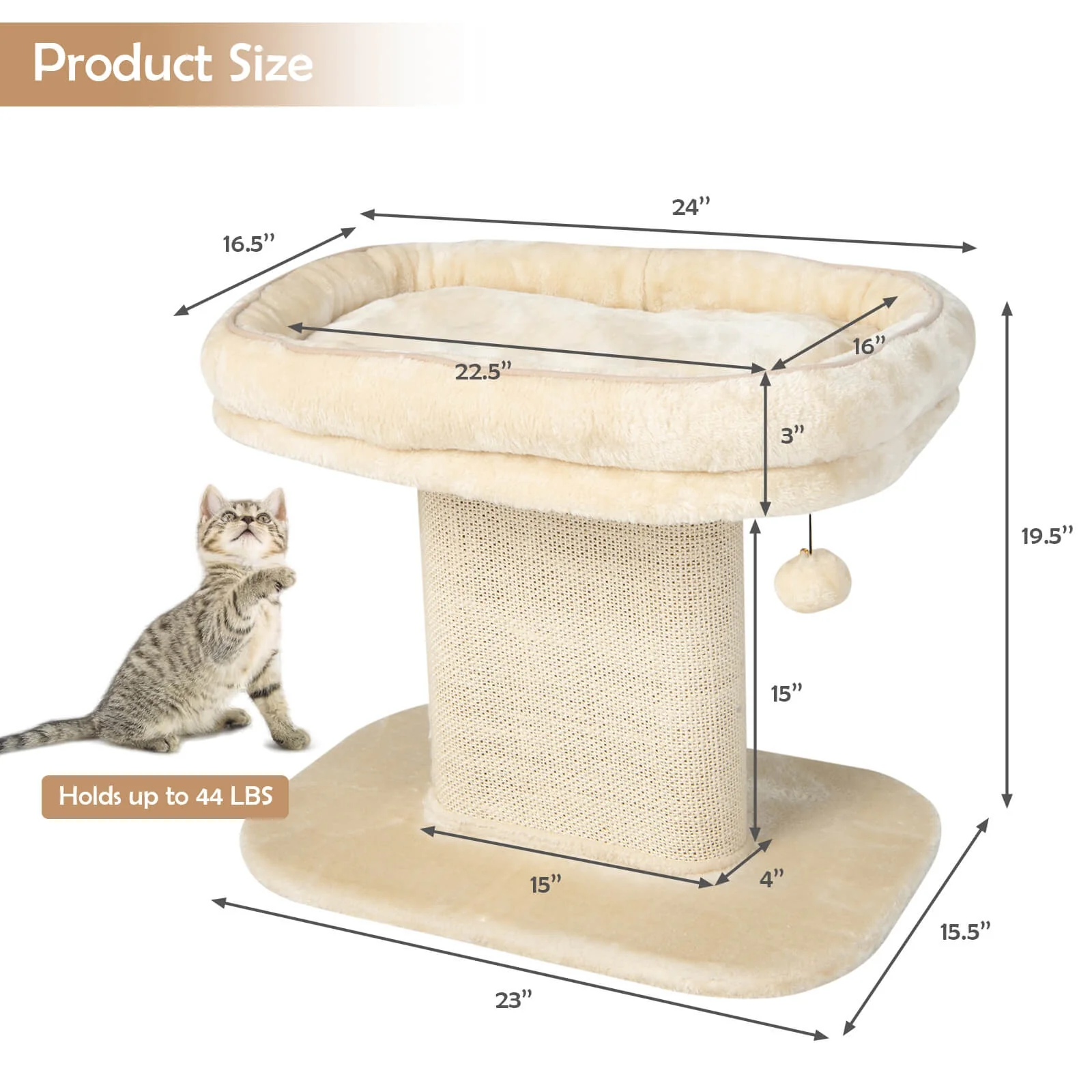 Modern Cat Tree Tower, Large Plush Perch, Sisal Scratching Plate, Beige - Image 5
