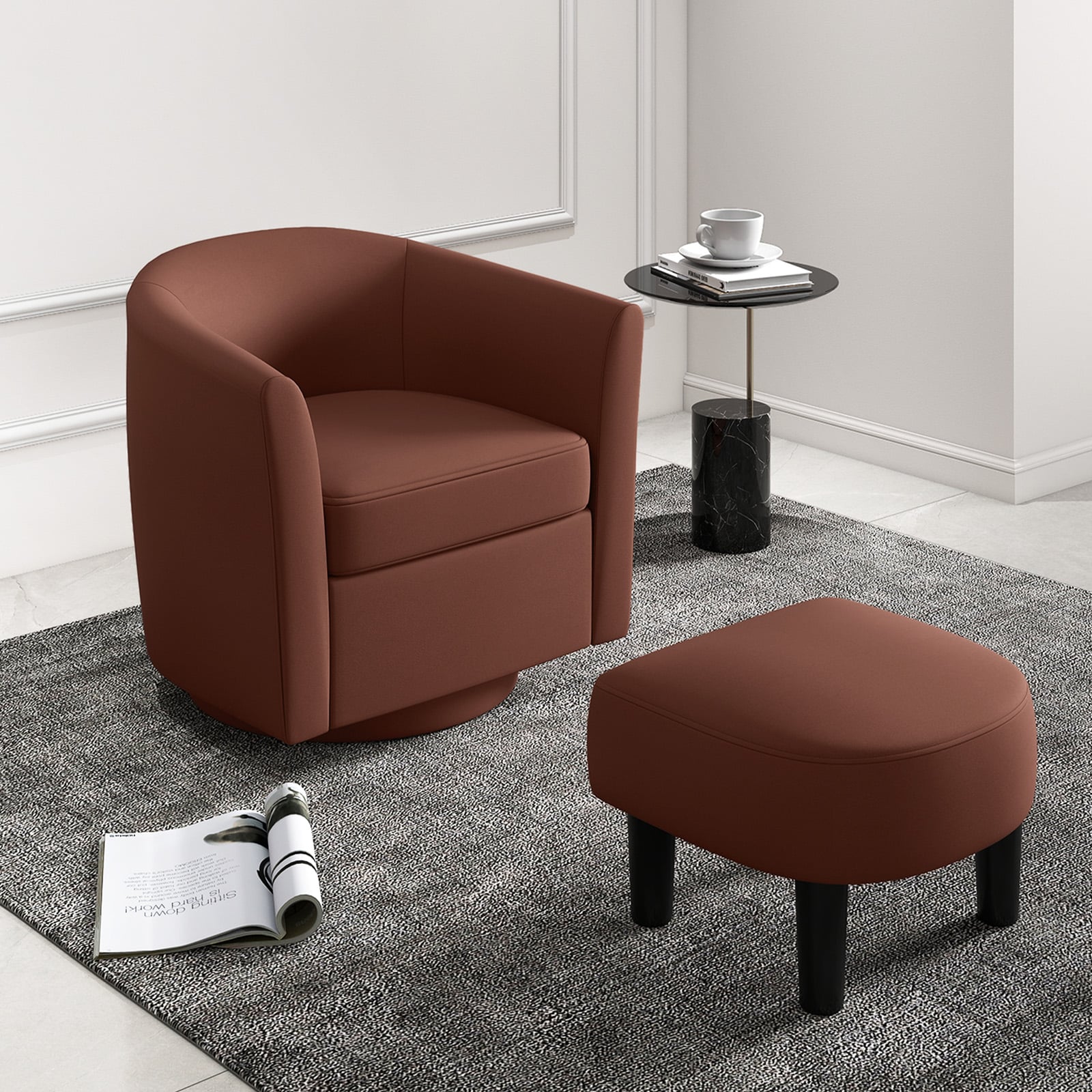 Modern Club Swivel Accent Chair, Ottoman Footrest, Curved Backrest, Brown - Image 2