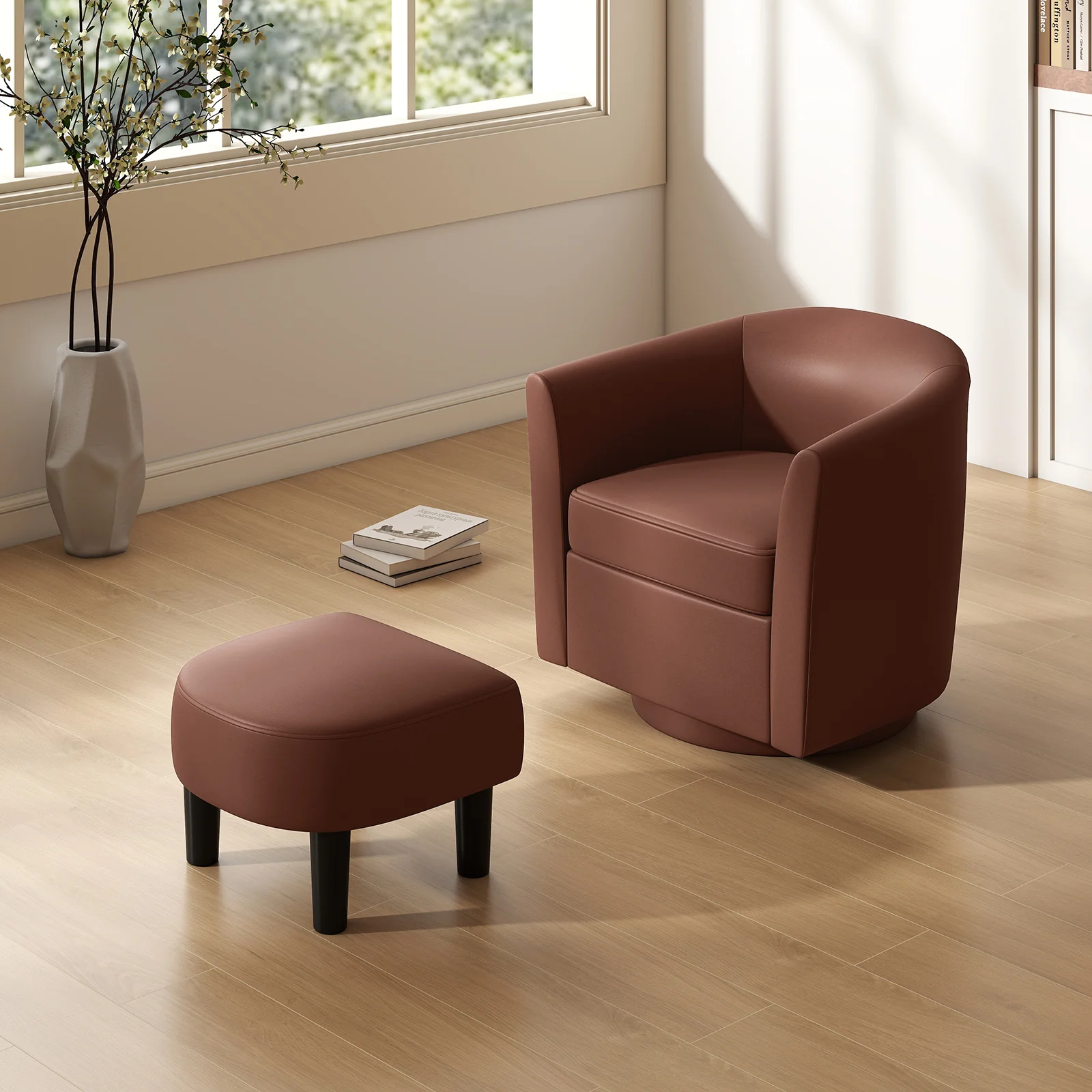 Modern Club Swivel Accent Chair, Ottoman Footrest, Curved Backrest, Brown - Image 3