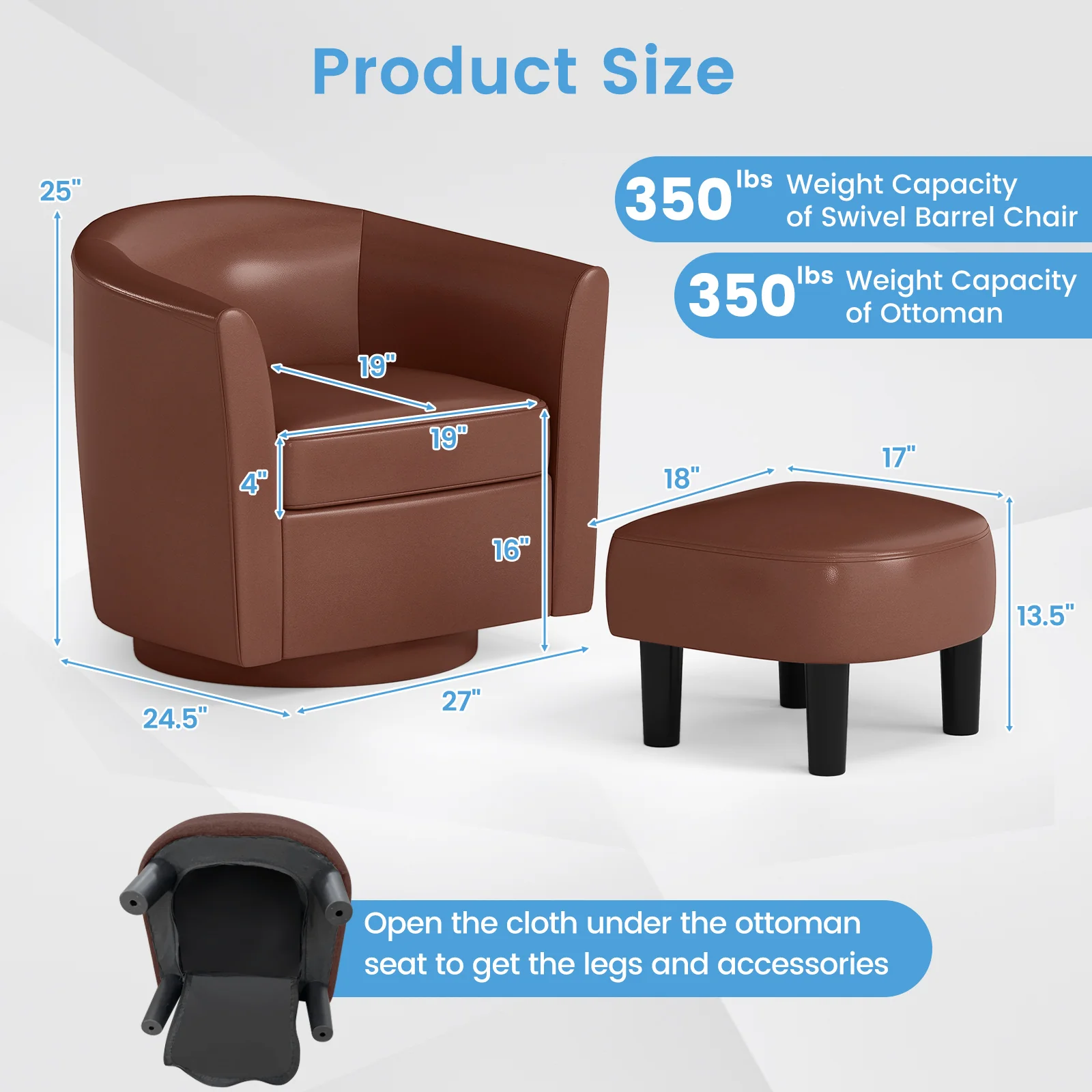 Modern Club Swivel Accent Chair, Ottoman Footrest, Curved Backrest, Brown - Image 5