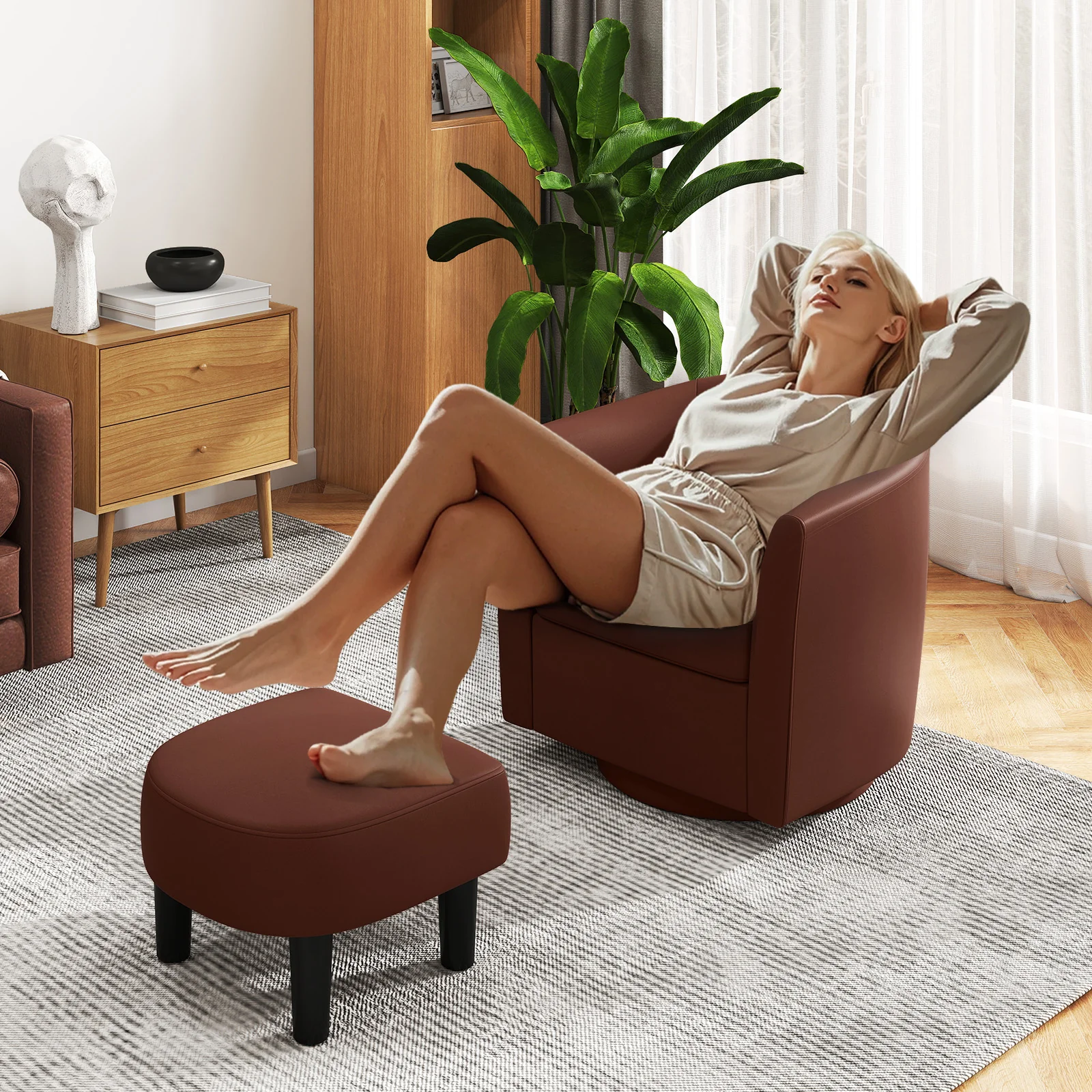 Modern Club Swivel Accent Chair, Ottoman Footrest, Curved Backrest, Brown - Image 6