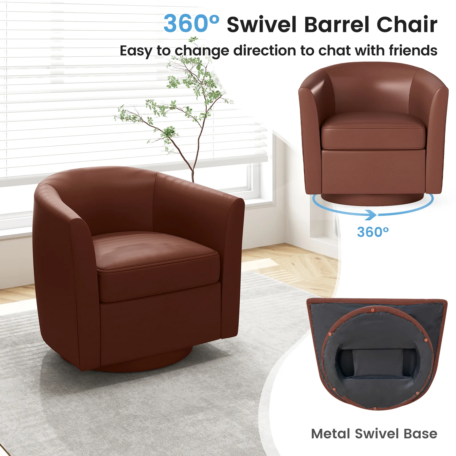 Modern Club Swivel Accent Chair, Ottoman Footrest, Curved Backrest, Brown - Image 7