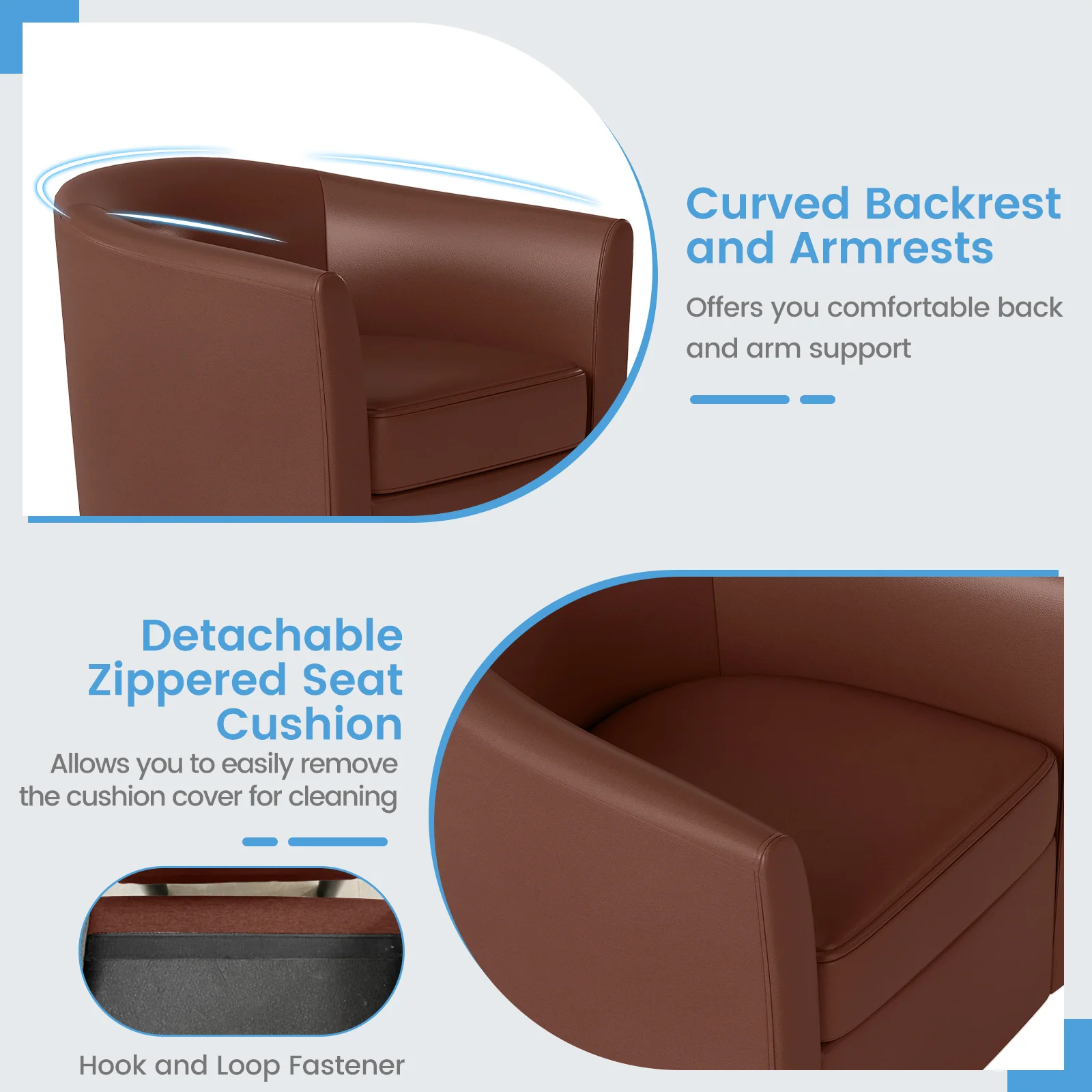 Modern Club Swivel Accent Chair, Ottoman Footrest, Curved Backrest, Brown - Image 8