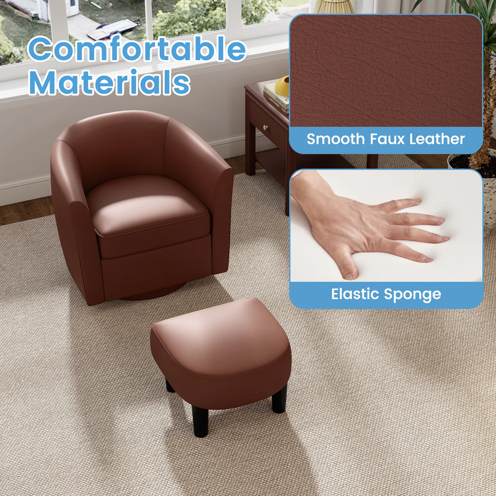 Modern Club Swivel Accent Chair, Ottoman Footrest, Curved Backrest, Brown - Image 9