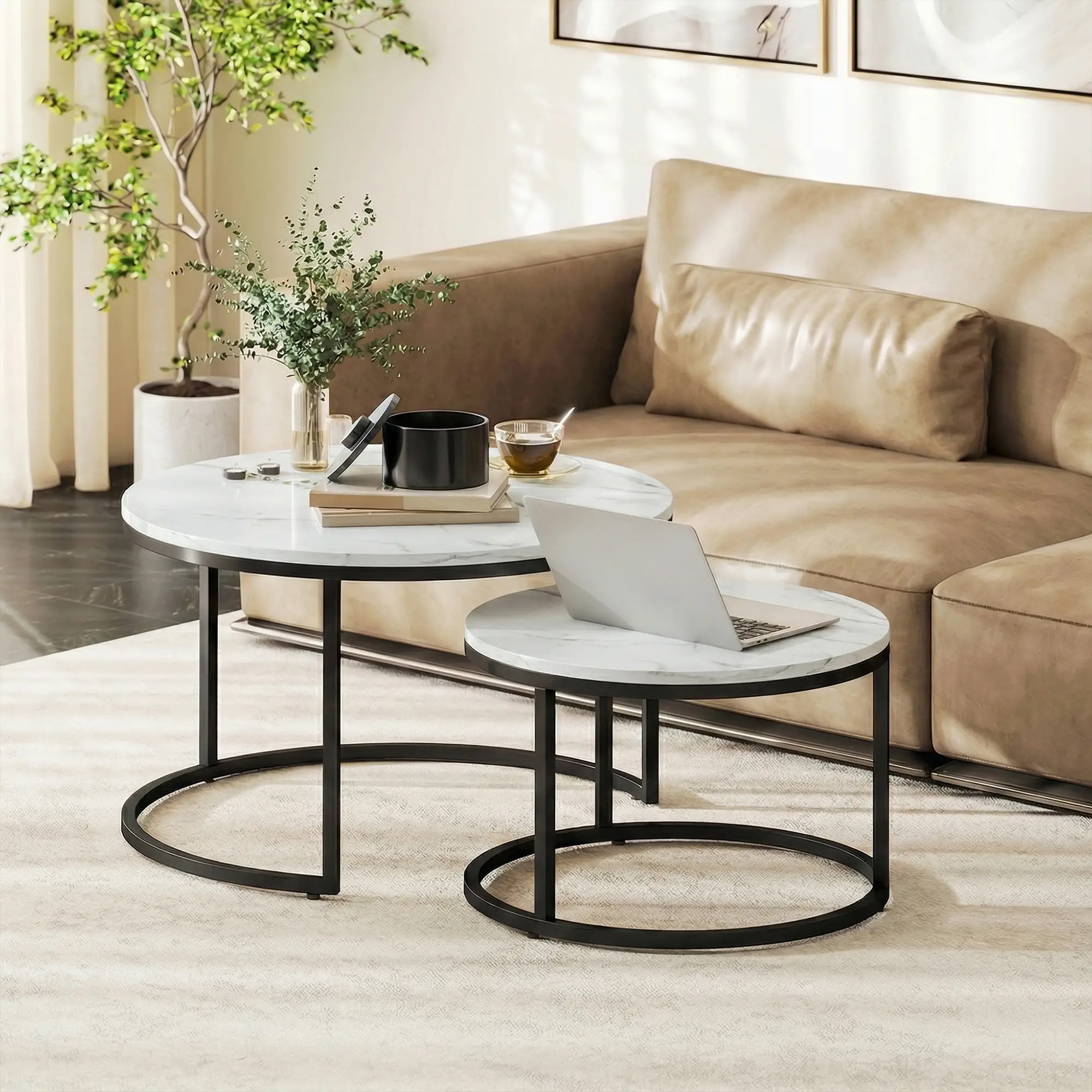 Modern Coffee Table Set, 2 Nesting Tables, Metal Base, Marble White, White - Image 2