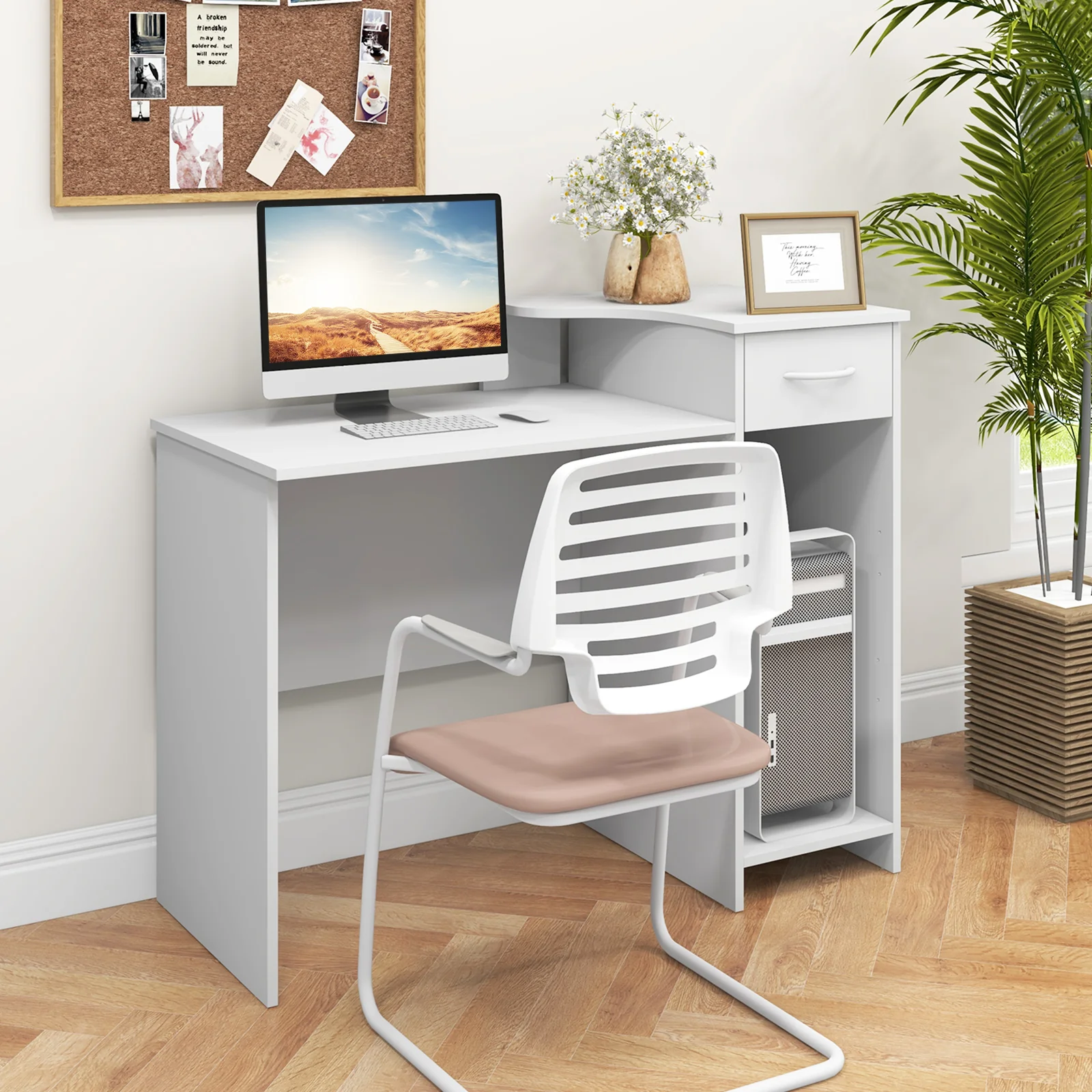 Modern Computer Desk With Adjustable Shelf, Cable Hole, White - Image 2