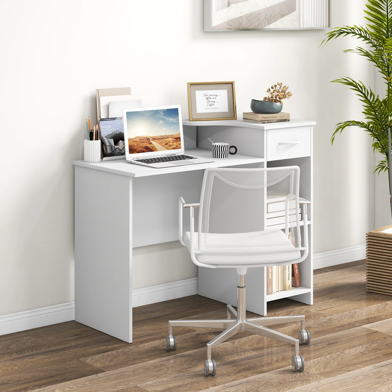 Modern Computer Desk With Adjustable Shelf, Cable Hole, White - Image 3