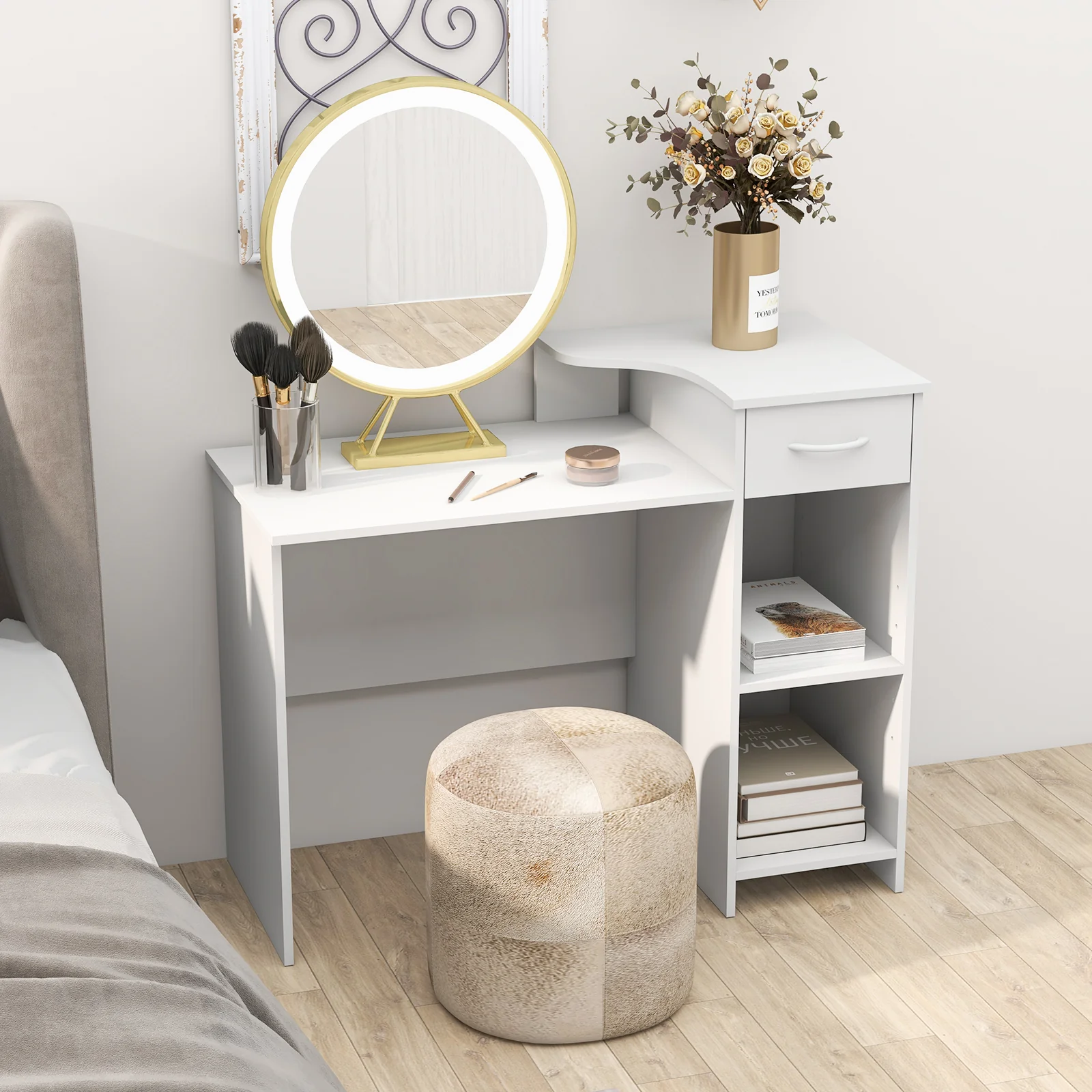 Modern Computer Desk With Adjustable Shelf, Cable Hole, White - Image 7