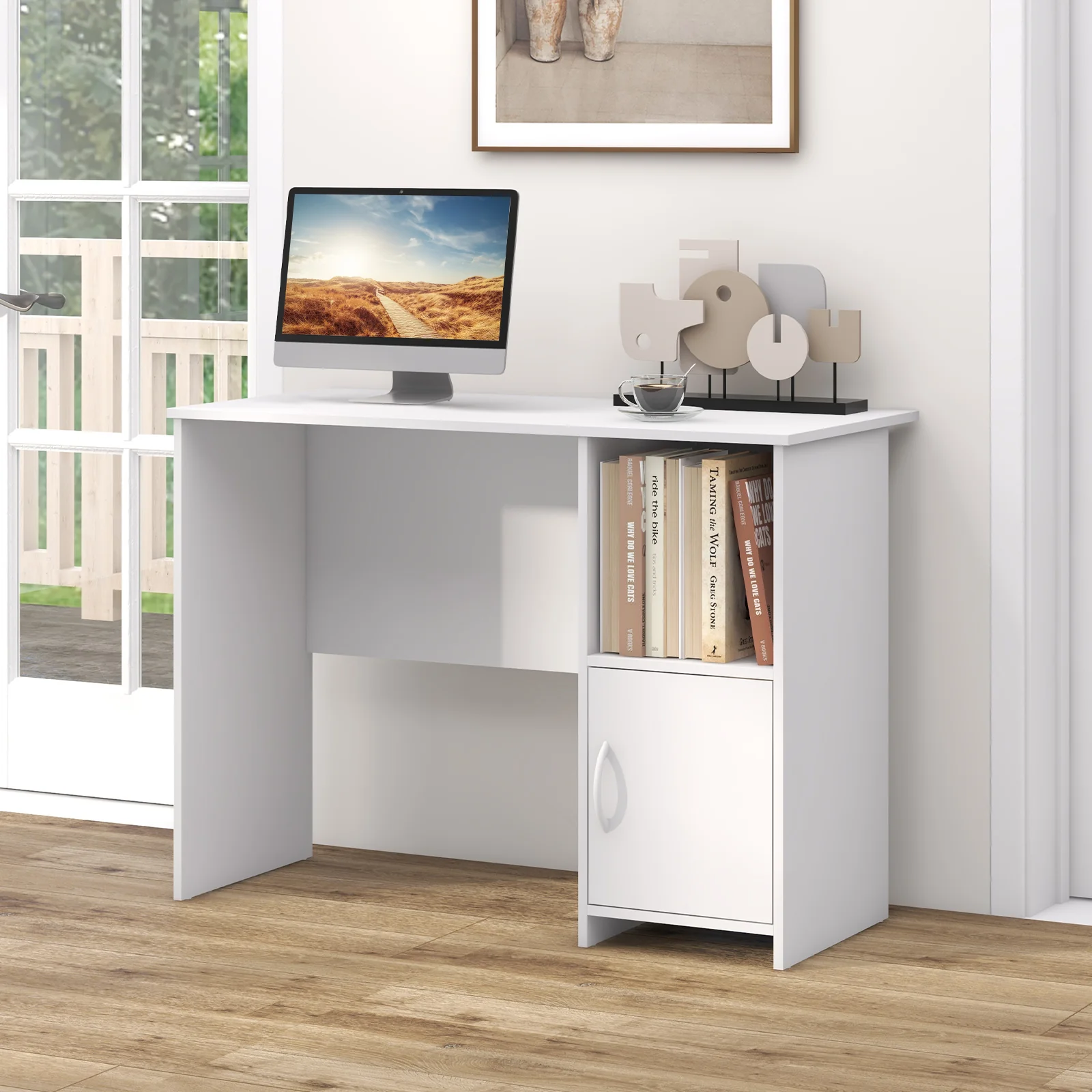 Modern Computer Desk With Cabinet, White - Image 3