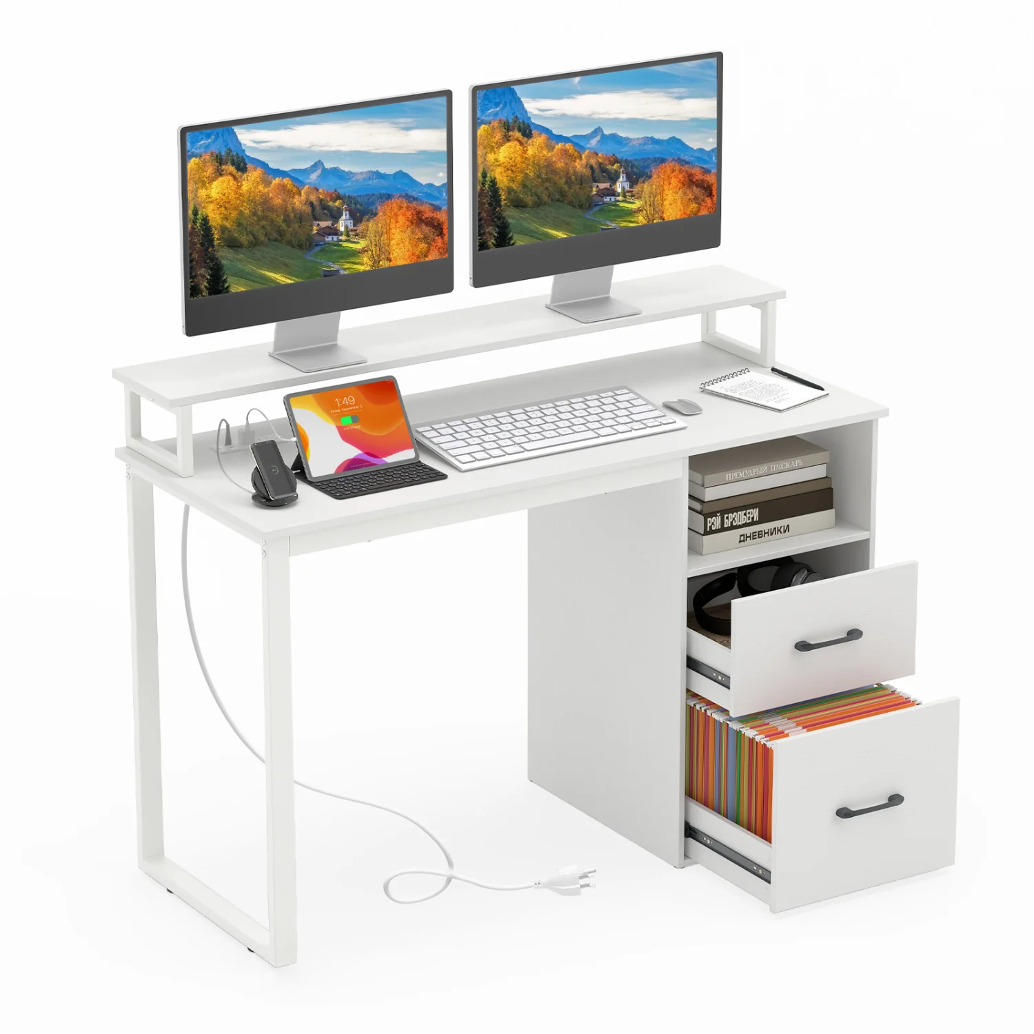 Modern Computer Desk With Power Outlets, File Drawer, White