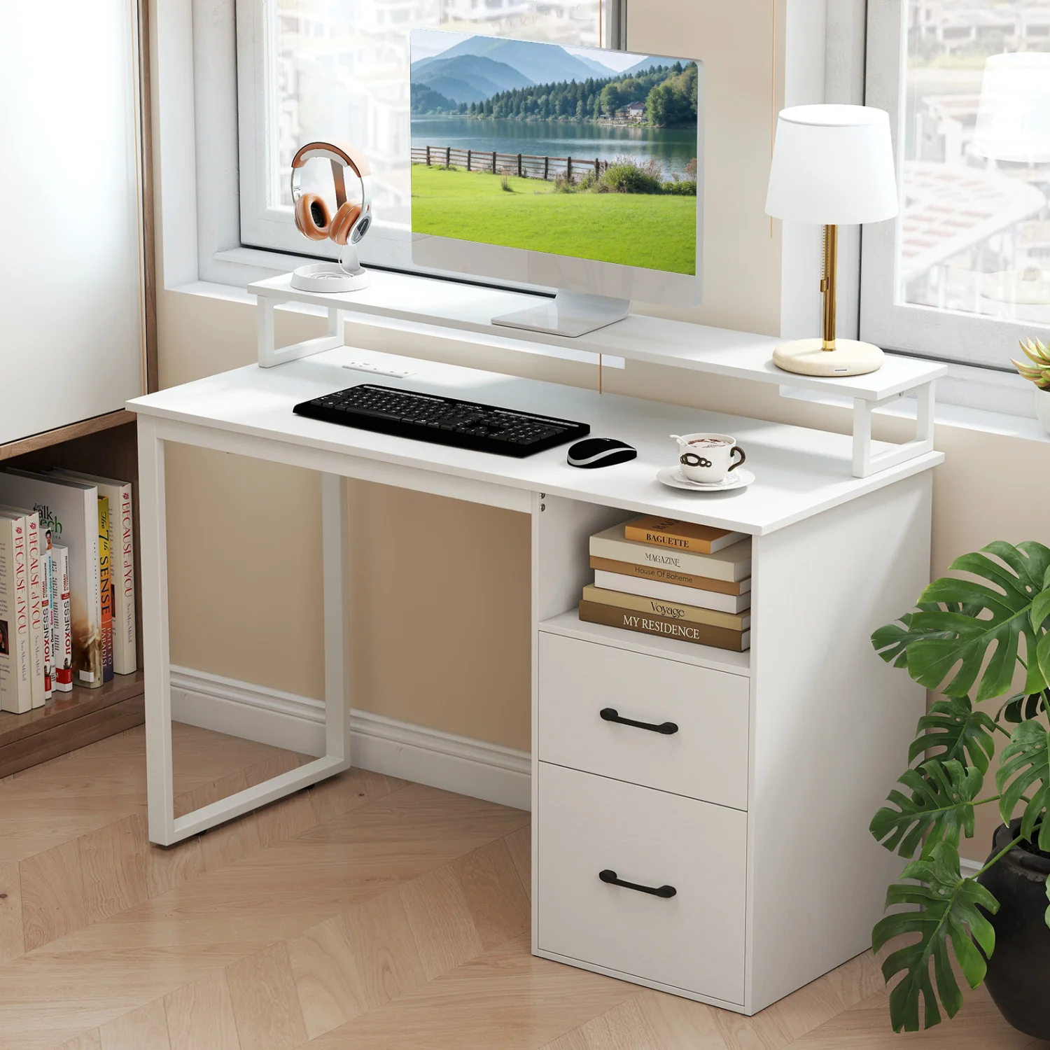 Modern Computer Desk With Power Outlets, File Drawer, White - Image 2