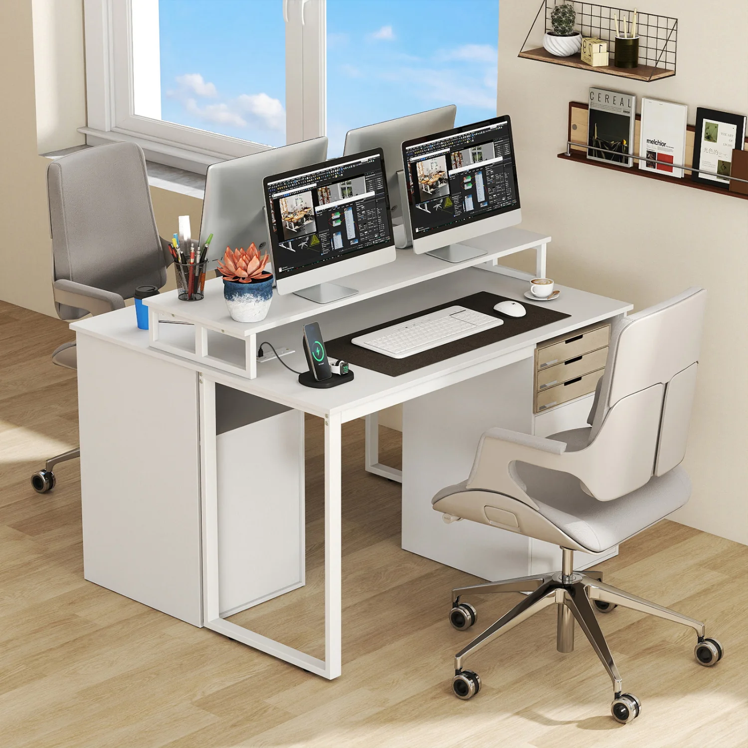 Modern Computer Desk With Power Outlets, File Drawer, White - Image 3