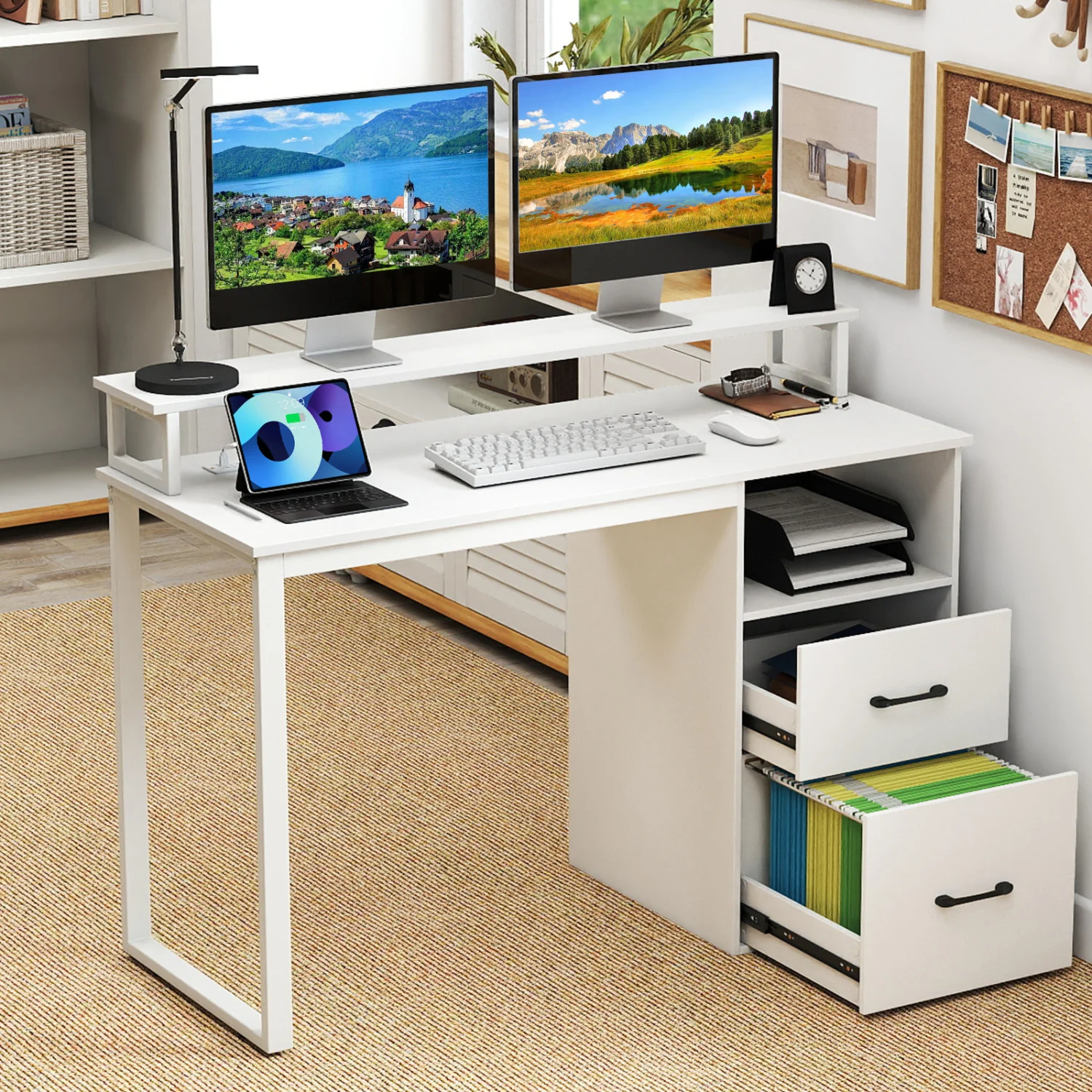 Modern Computer Desk With Power Outlets, File Drawer, White - Image 6