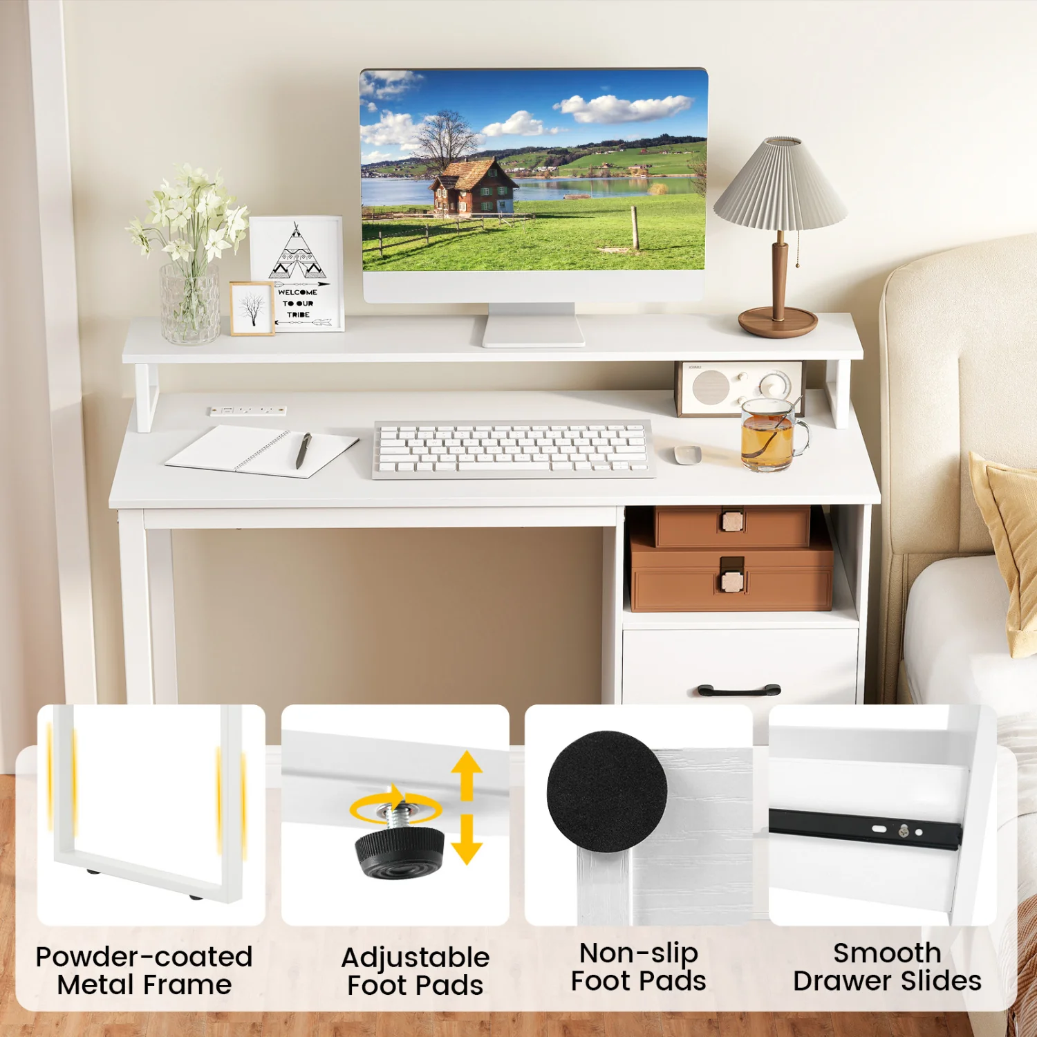 Modern Computer Desk With Power Outlets, File Drawer, White - Image 7
