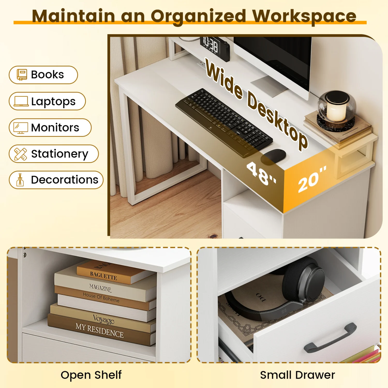 Modern Computer Desk With Power Outlets, File Drawer, White - Image 8