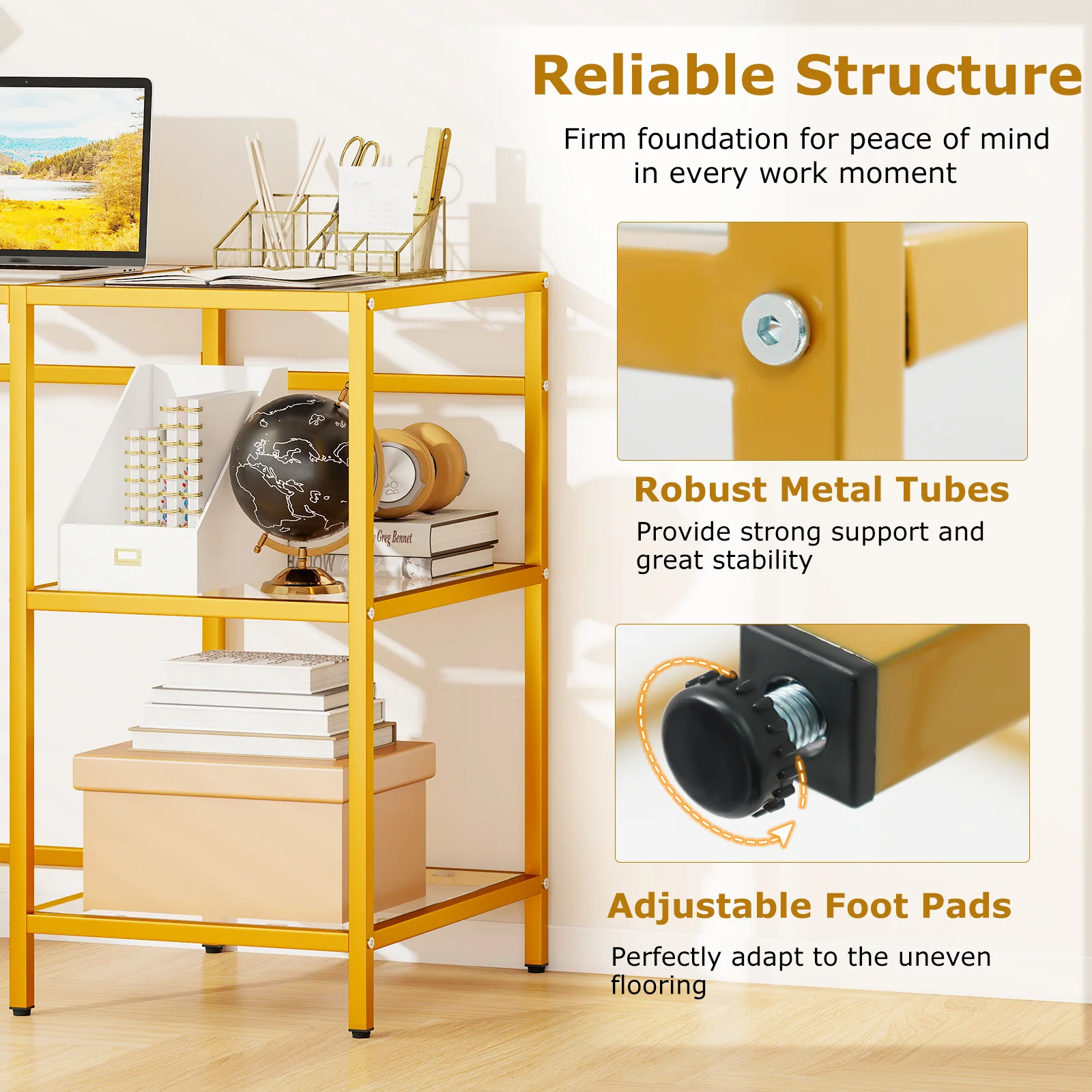 Modern Console Table, 2 Open Shelves, Metal Frame, Golden - Image 10