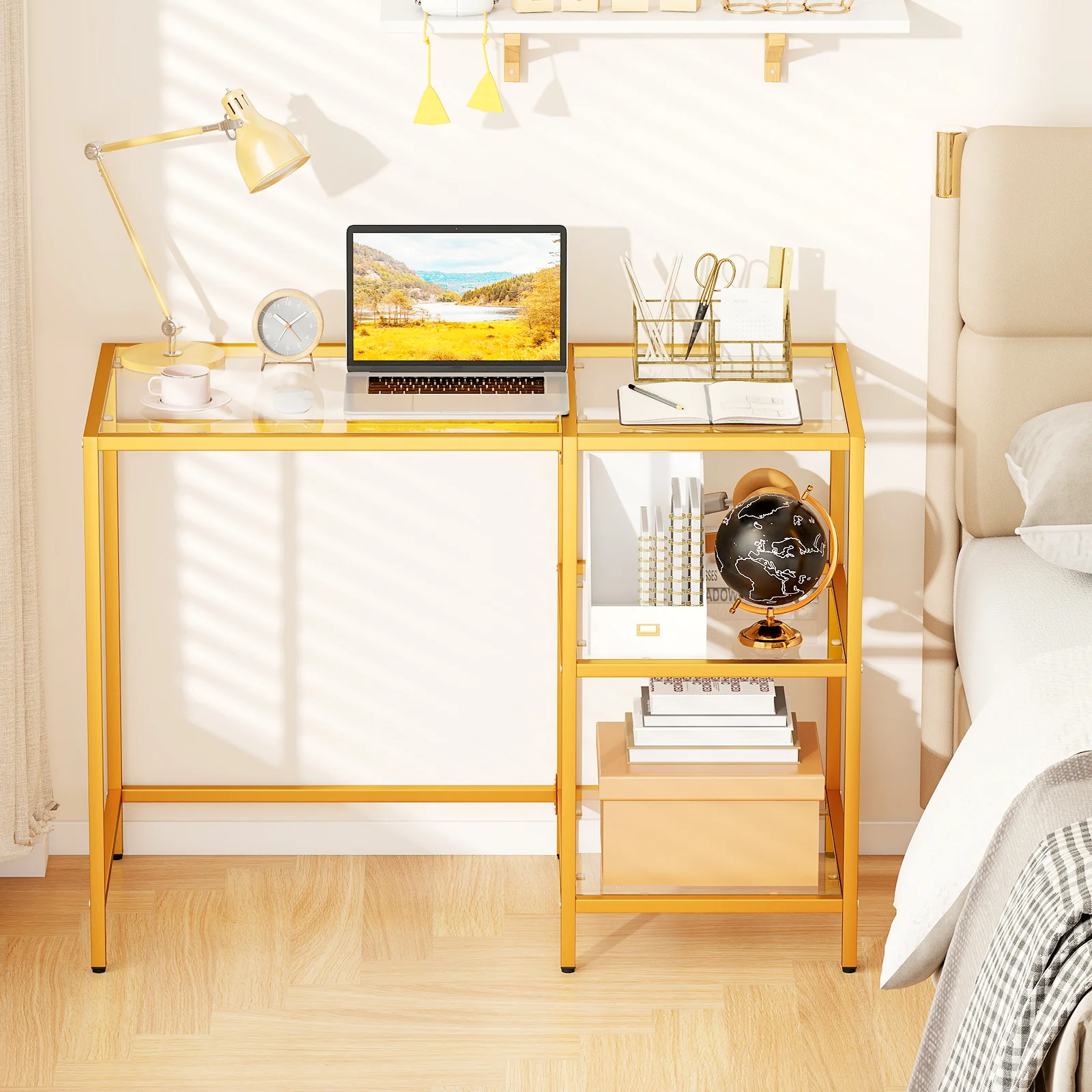 Modern Console Table, 2 Open Shelves, Metal Frame, Golden - Image 7