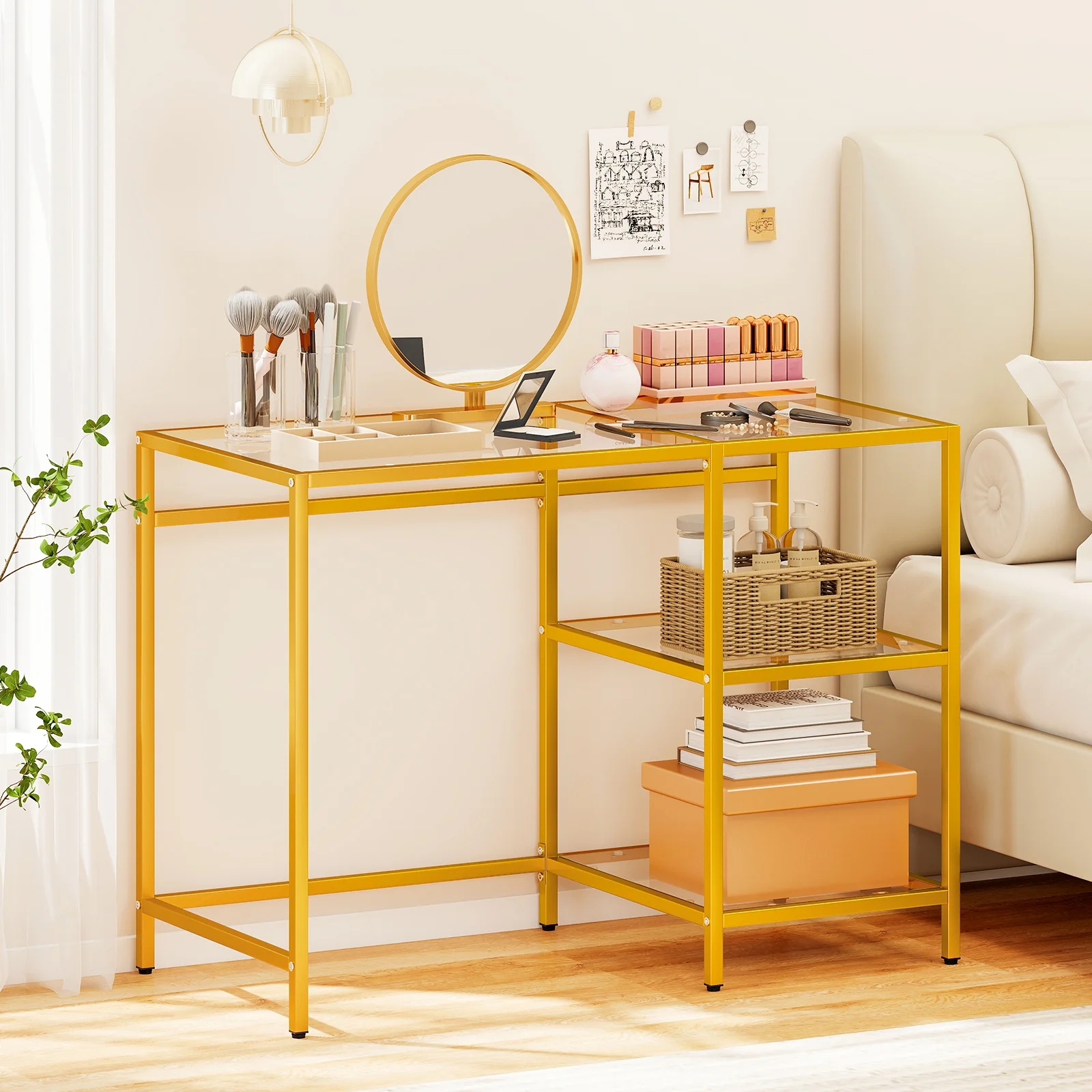 Modern Console Table, 2 Open Shelves, Metal Frame, Golden - Image 8