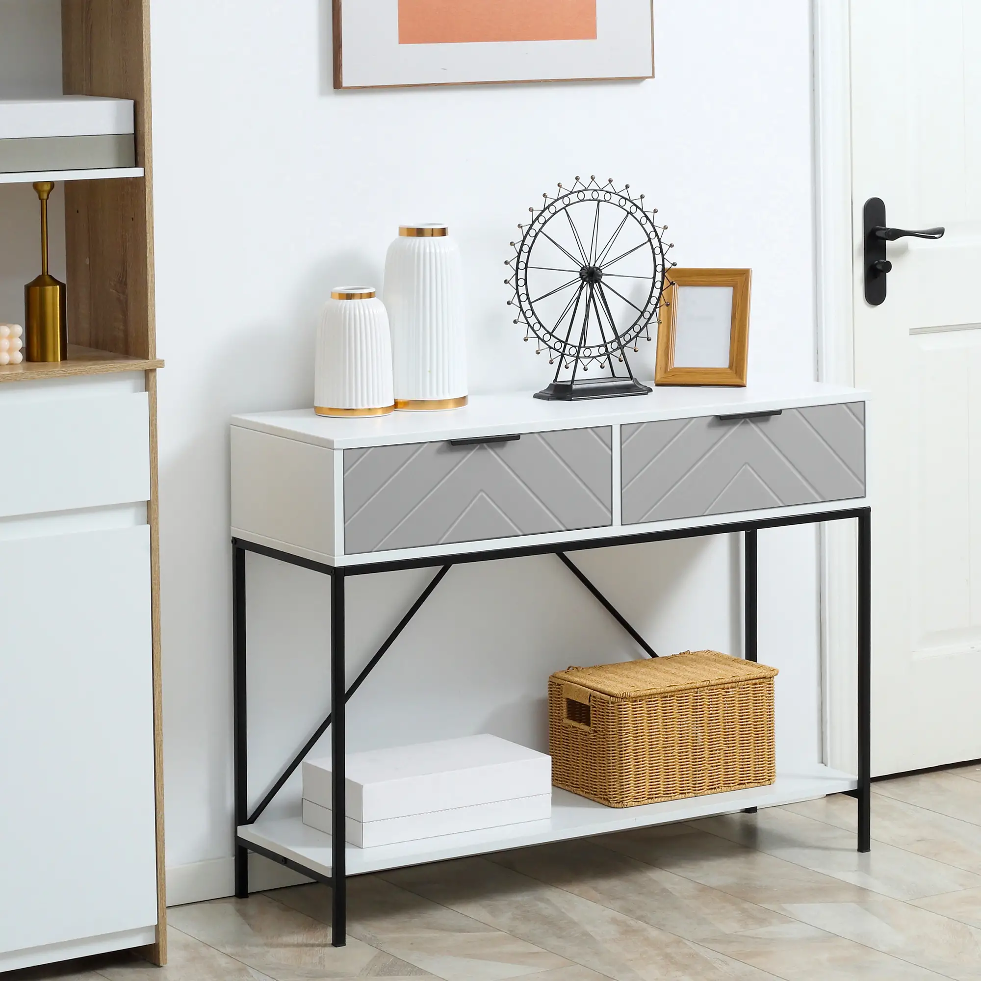 Modern Console Table with 2 Drawers, 2 Tier Entryway Table with Shelf, White - Image 2