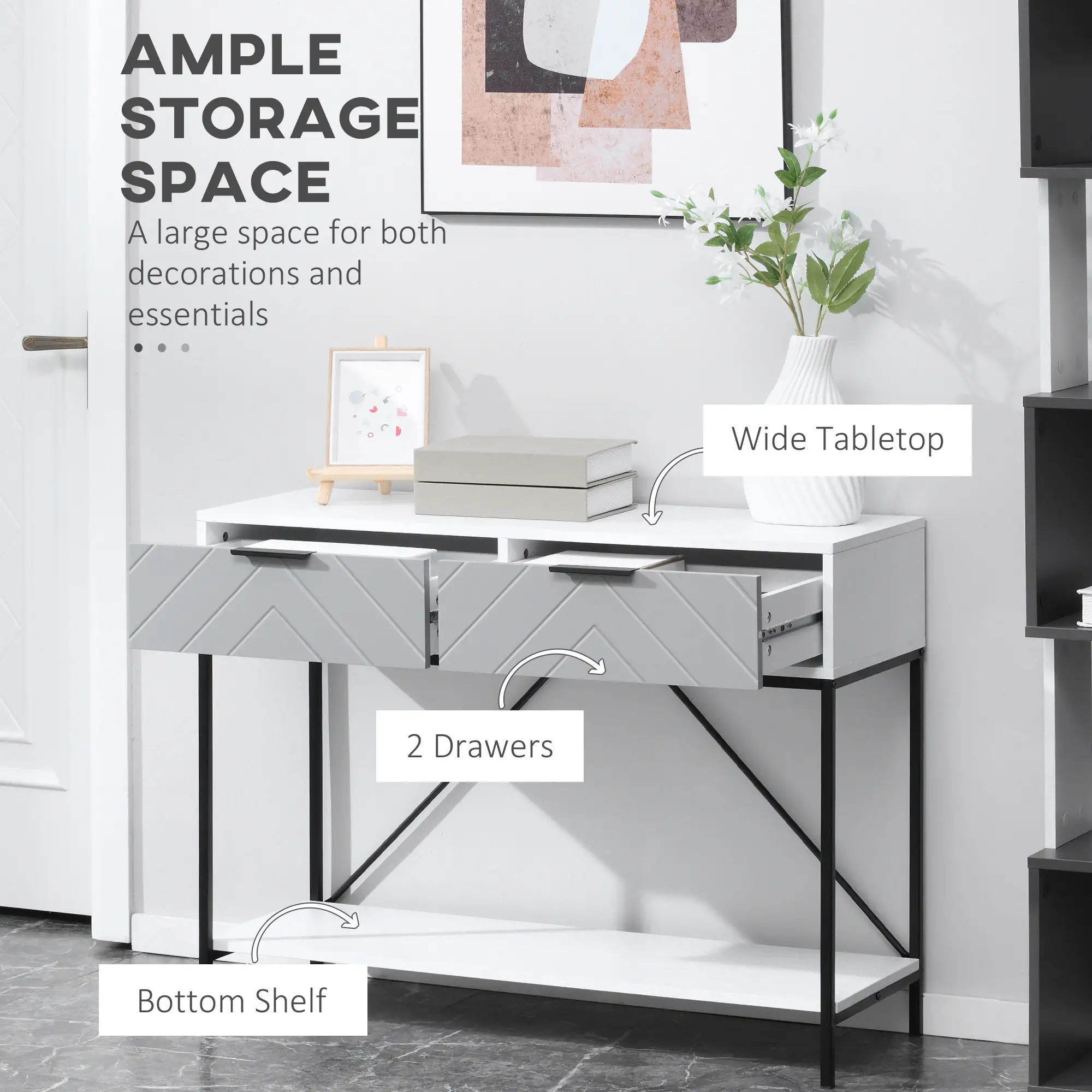 Modern Console Table with 2 Drawers, 2 Tier Entryway Table with Shelf, White - Image 4