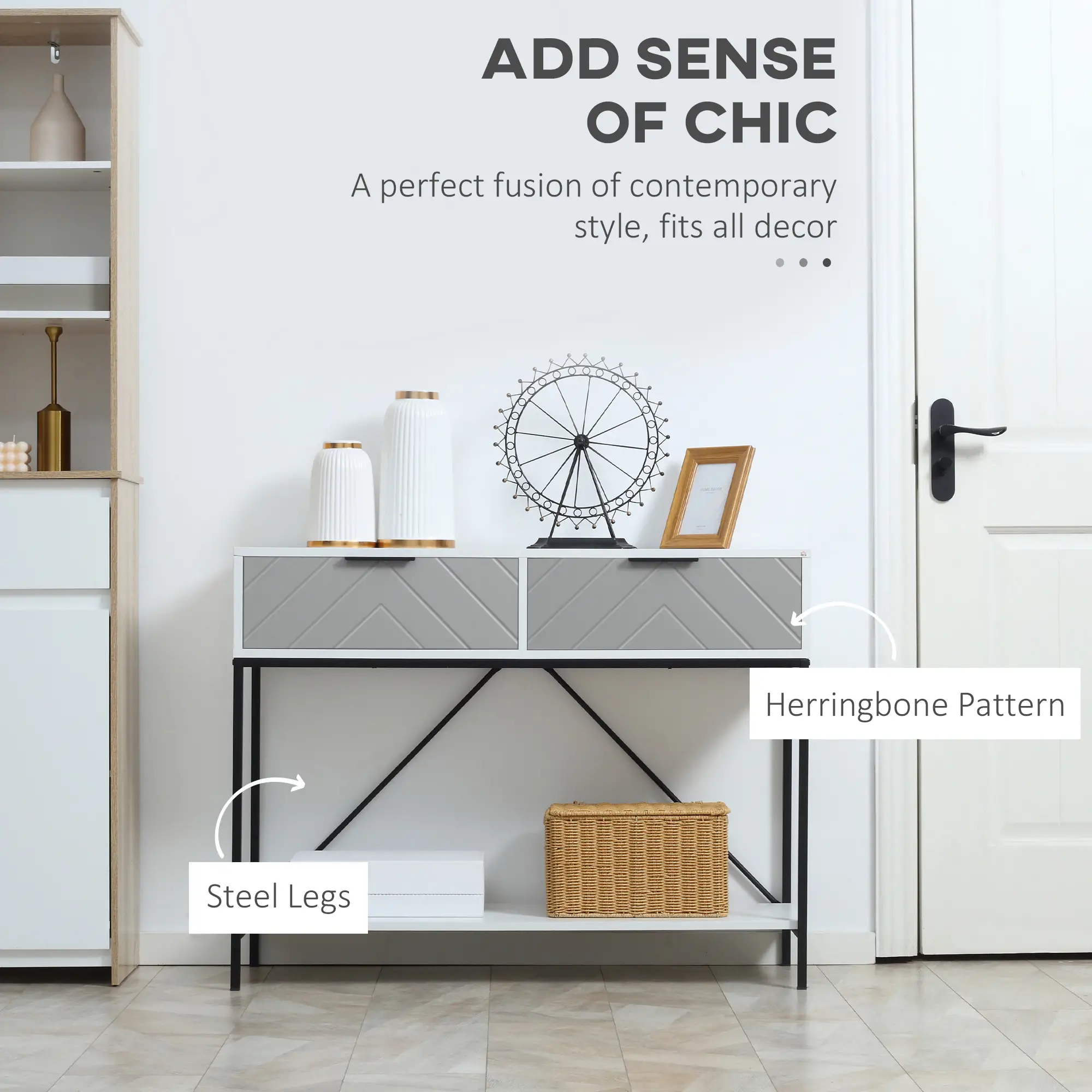 Modern Console Table with 2 Drawers, 2 Tier Entryway Table with Shelf, White - Image 5