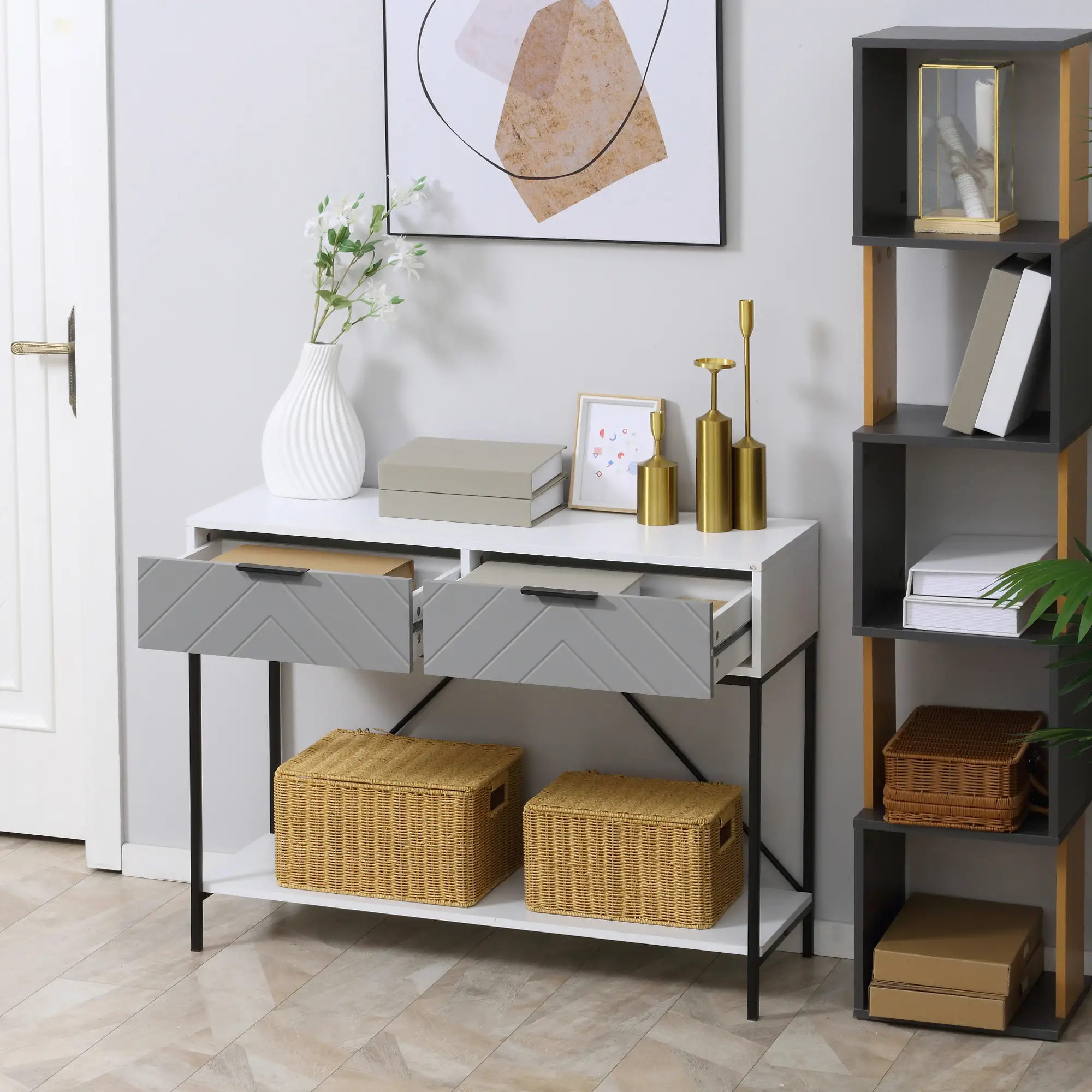 Modern Console Table with 2 Drawers, 2 Tier Entryway Table with Shelf, White - Image 7