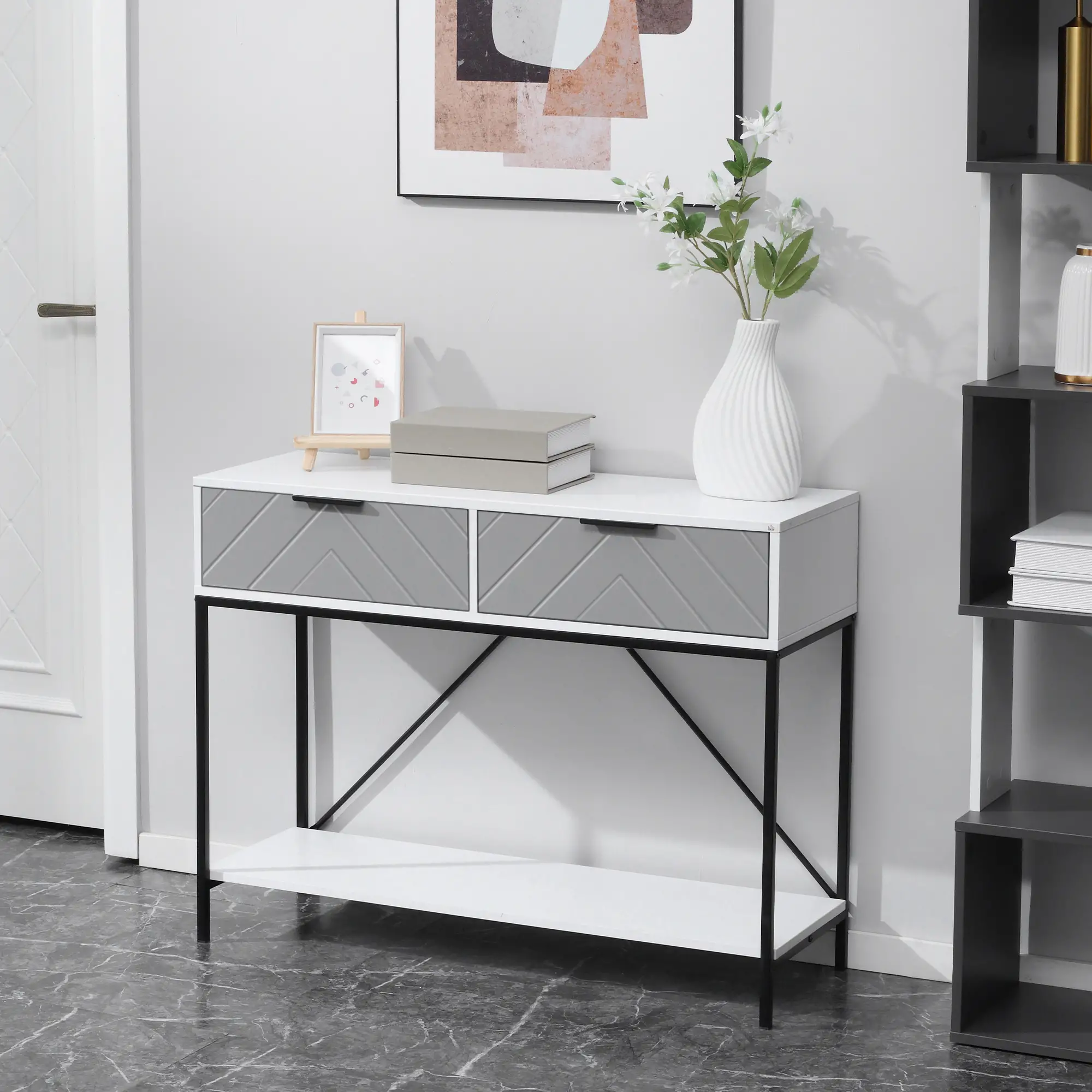 Modern Console Table with 2 Drawers, 2 Tier Entryway Table with Shelf, White - Image 8