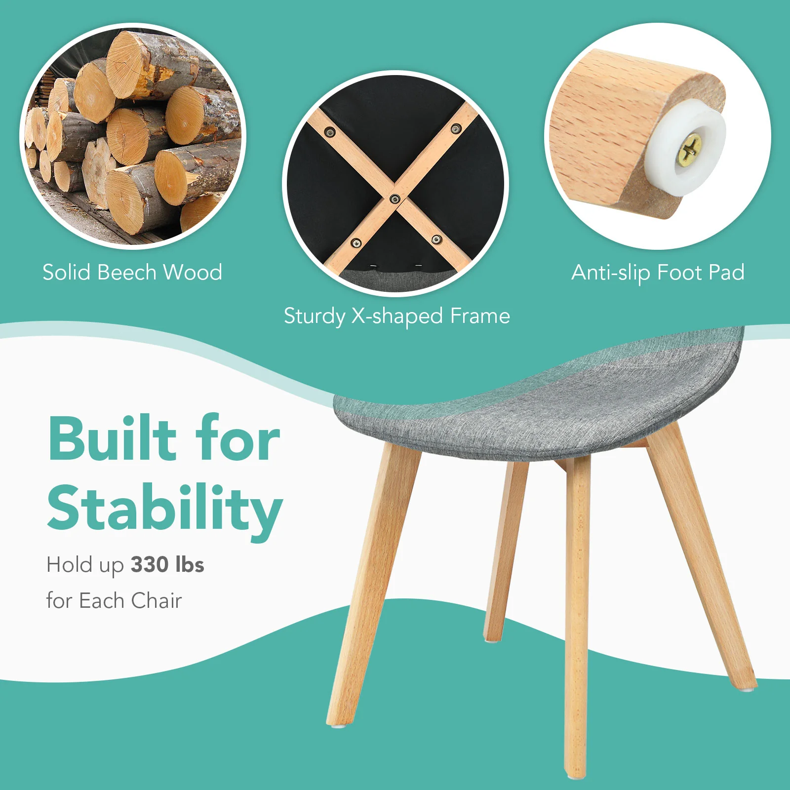 Modern Dining Chair Set, 4 Pieces, Wood Legs, Fabric Cushion, Gray - Image 10
