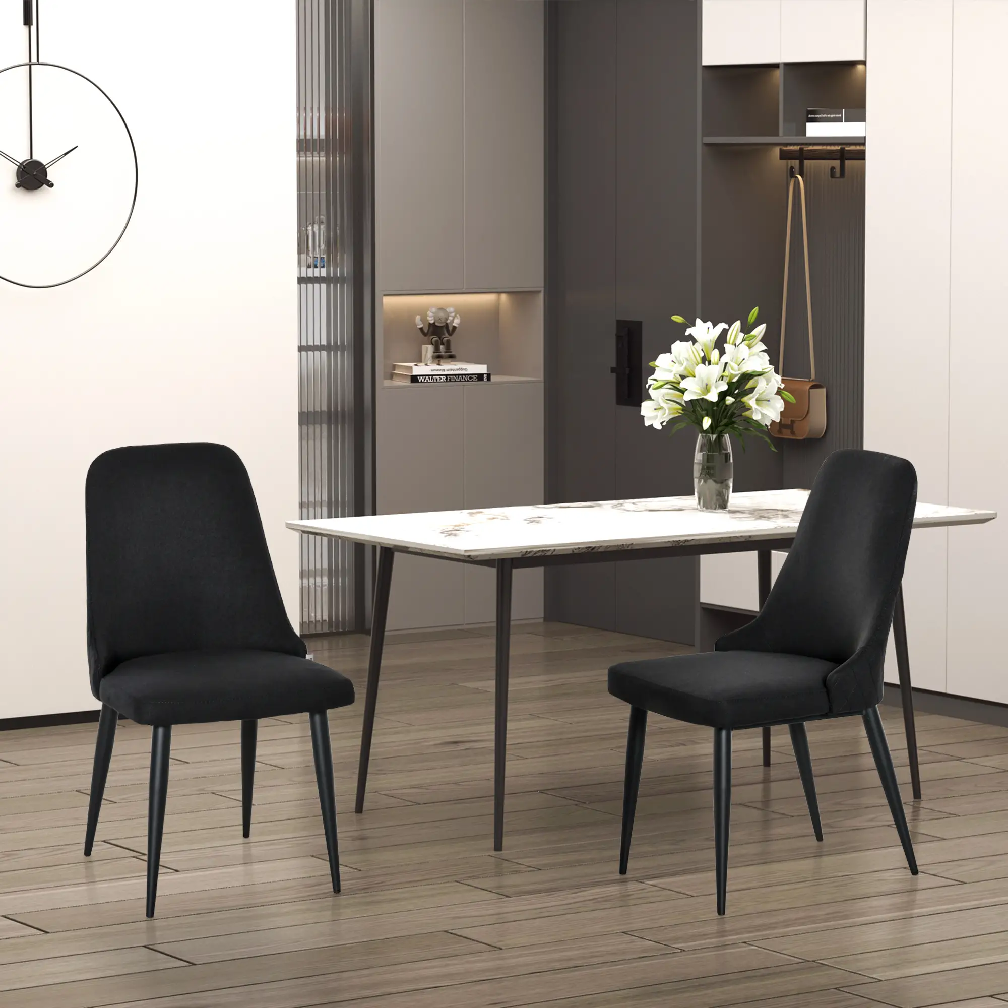 Modern Dining Chair Set of 2, Fabric Upholstered, Metal Legs, Black - Image 2