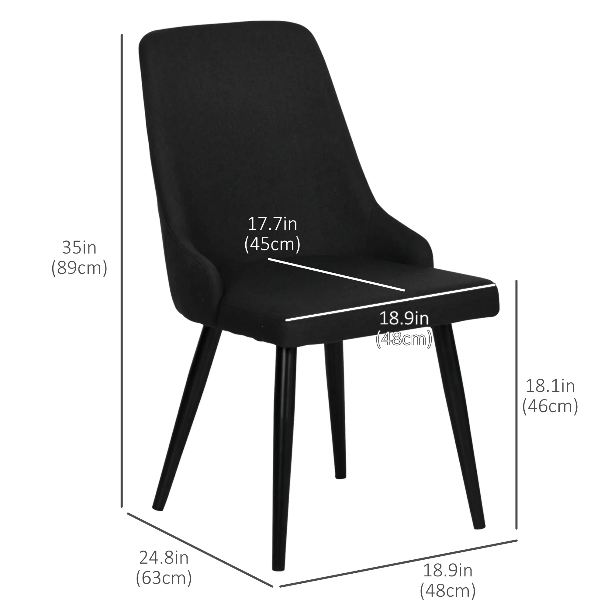 Modern Dining Chair Set of 2, Fabric Upholstered, Metal Legs, Black - Image 3