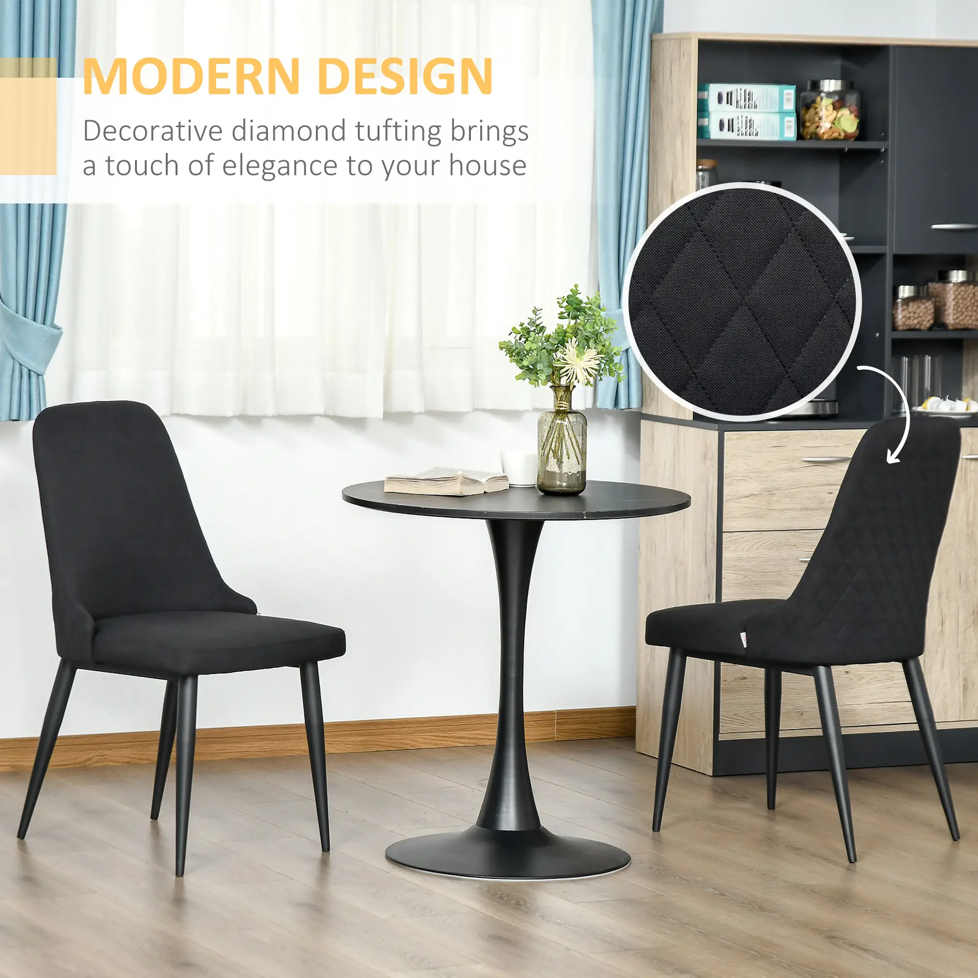 Modern Dining Chair Set of 2, Fabric Upholstered, Metal Legs, Black - Image 5