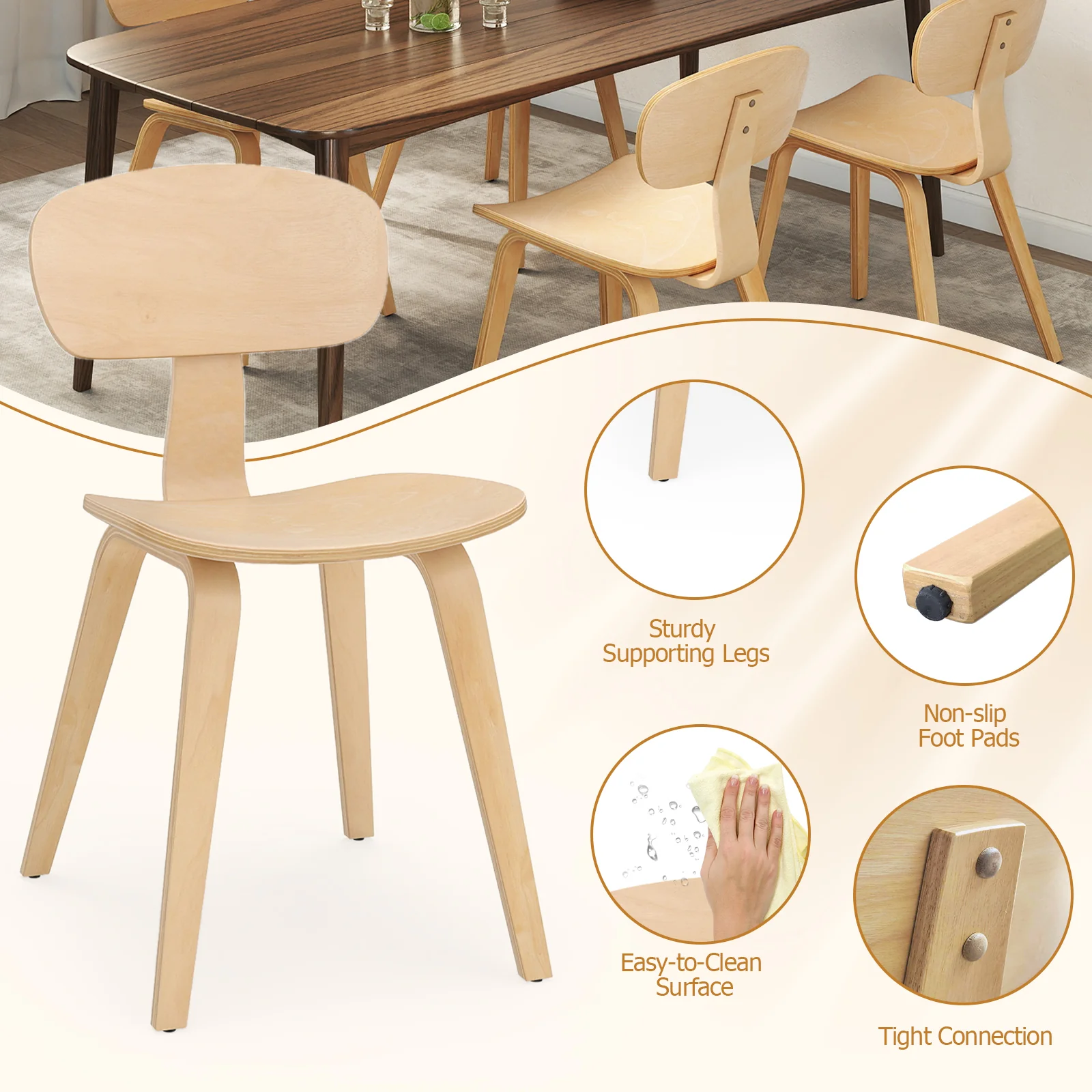 Modern Dining Chair Set of 4 with Wide Seat, Natural - Image 10