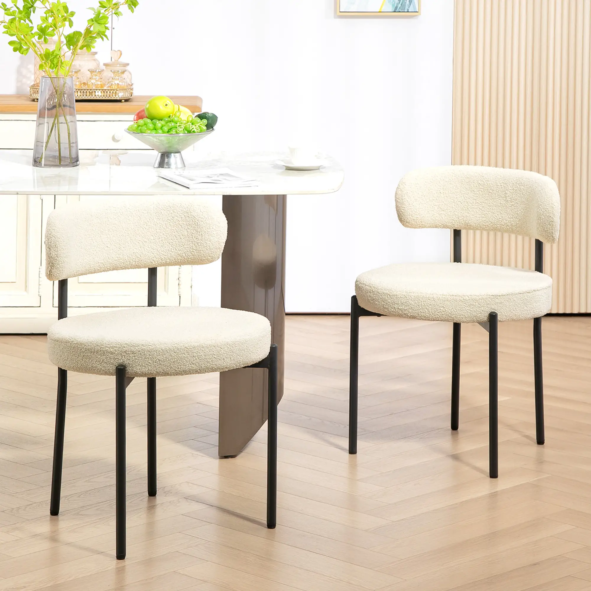 Modern Dining Chairs, Berber Fleece Upholstery, Steel Legs, Beige - Image 2