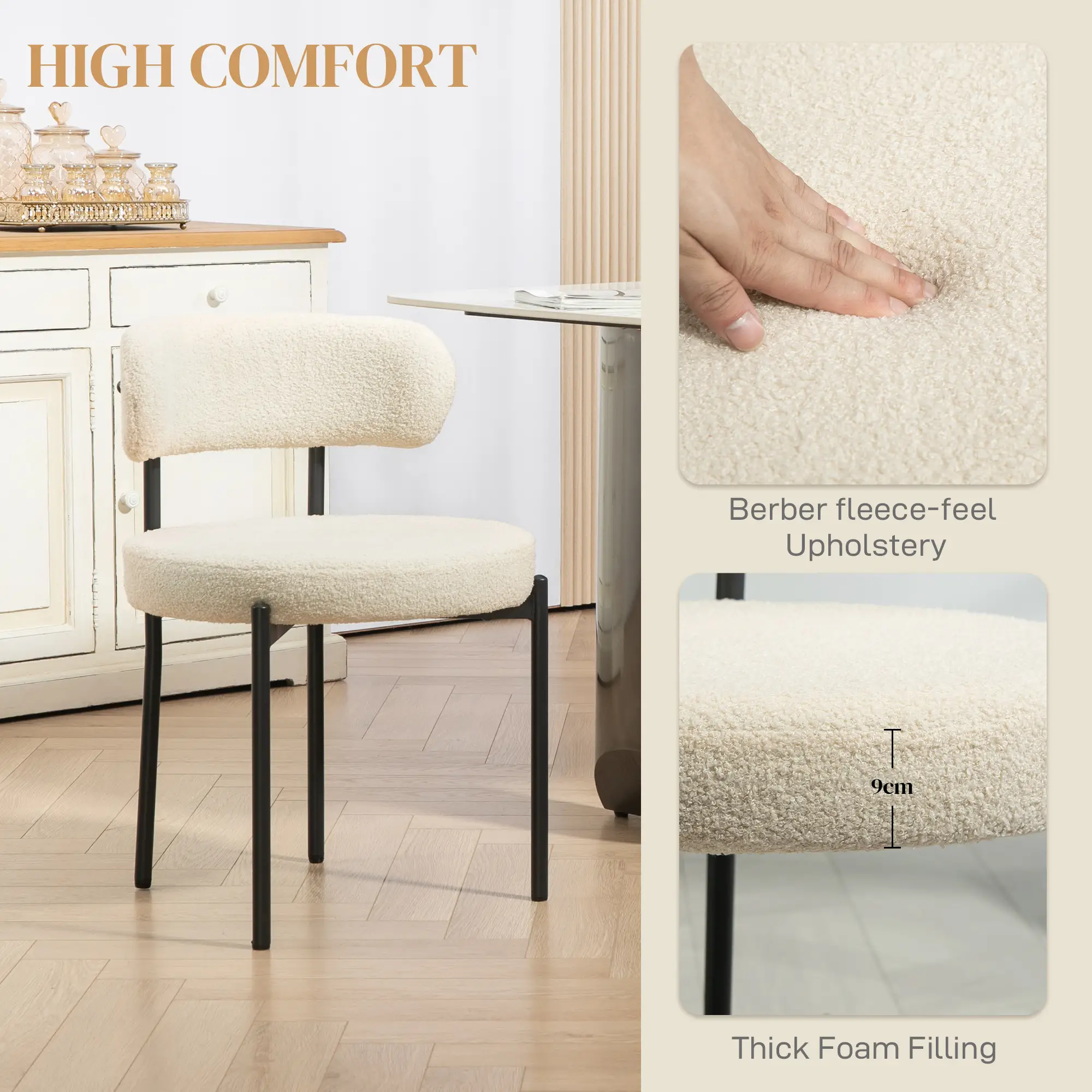Modern Dining Chairs, Berber Fleece Upholstery, Steel Legs, Beige - Image 5
