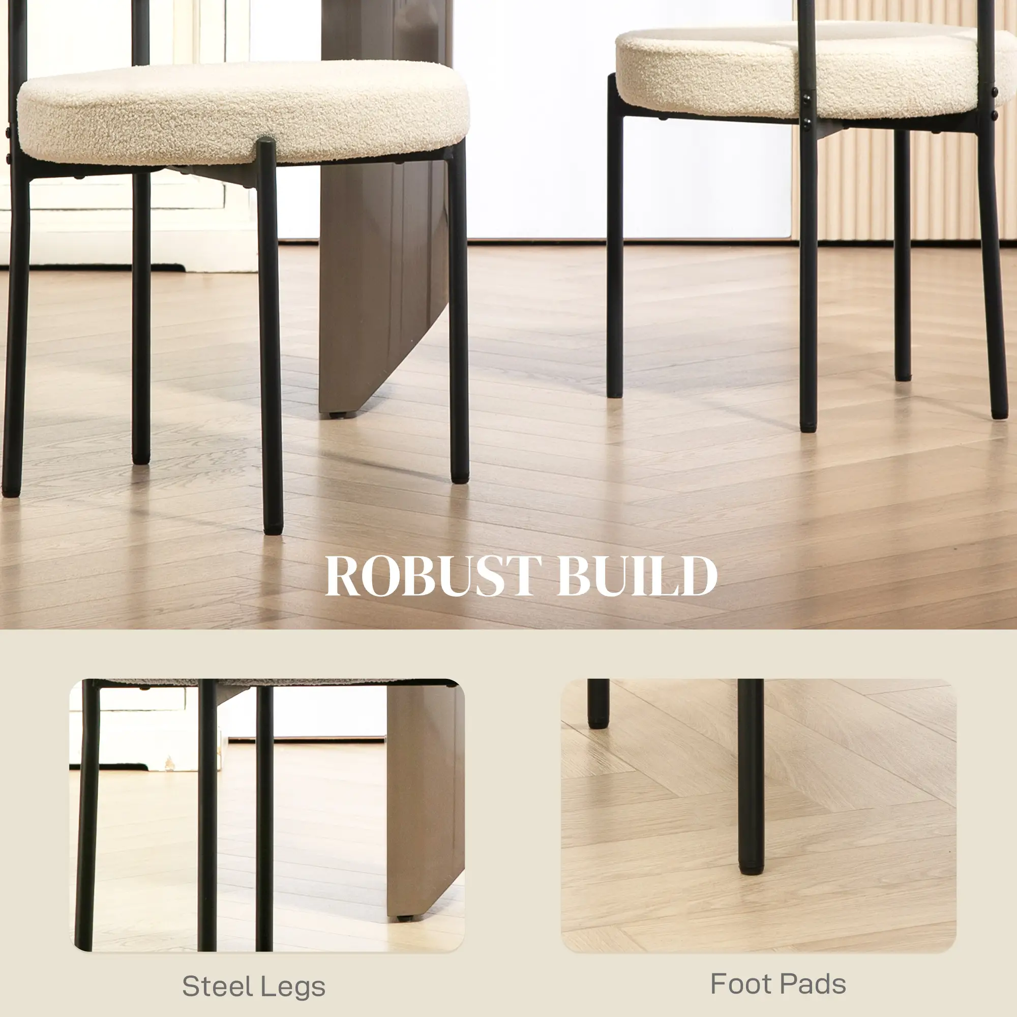 Modern Dining Chairs, Berber Fleece Upholstery, Steel Legs, Beige - Image 6
