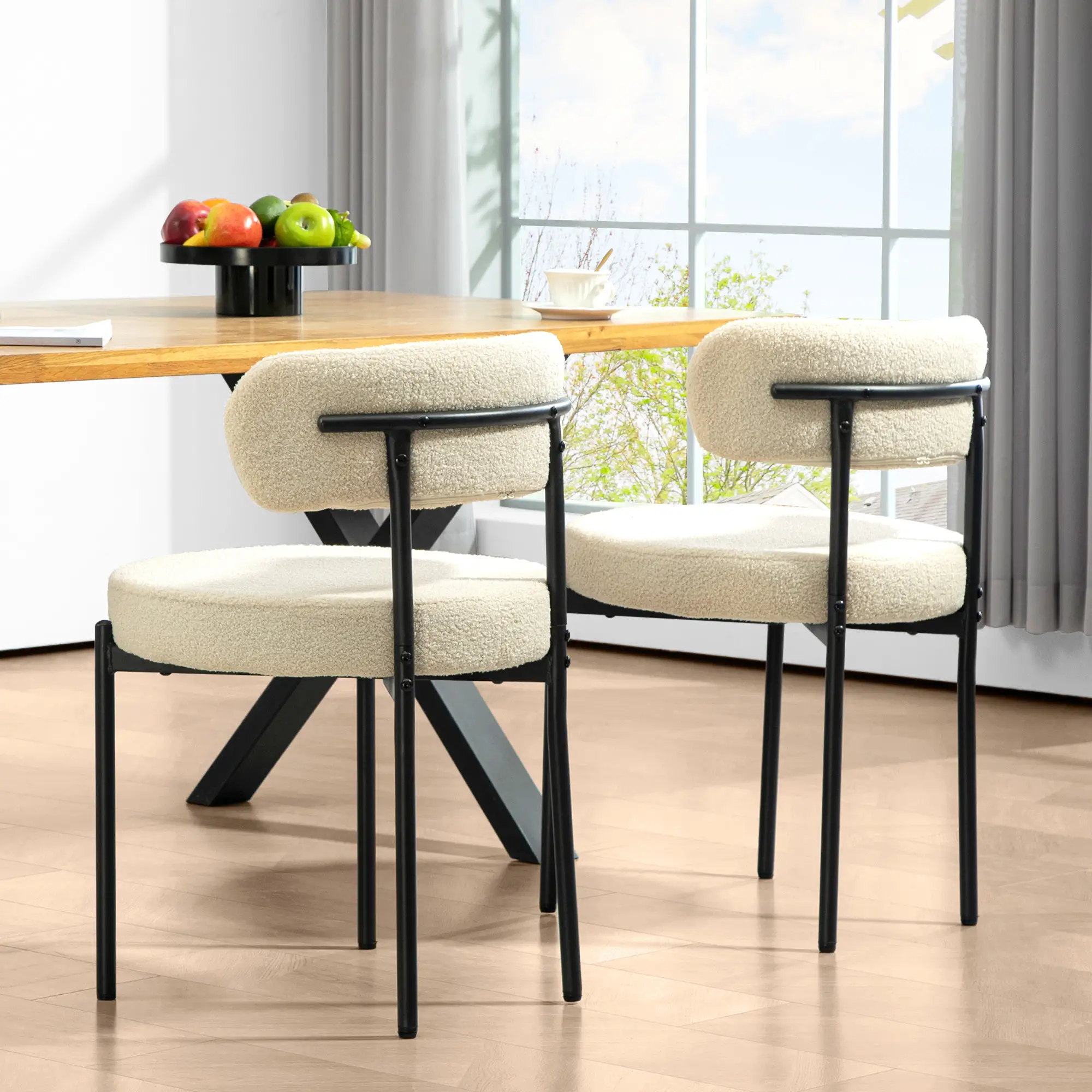 Modern Dining Chairs, Berber Fleece Upholstery, Steel Legs, Beige - Image 7