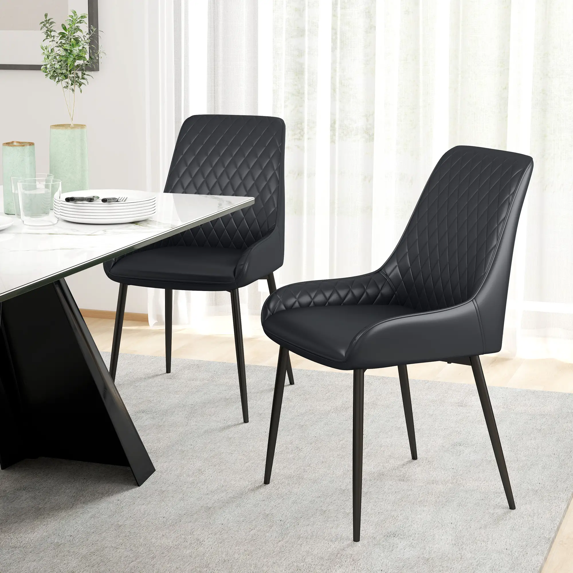 Modern Dining Chairs Set of 2, PU Leather, Metal Legs, Black - Image 2