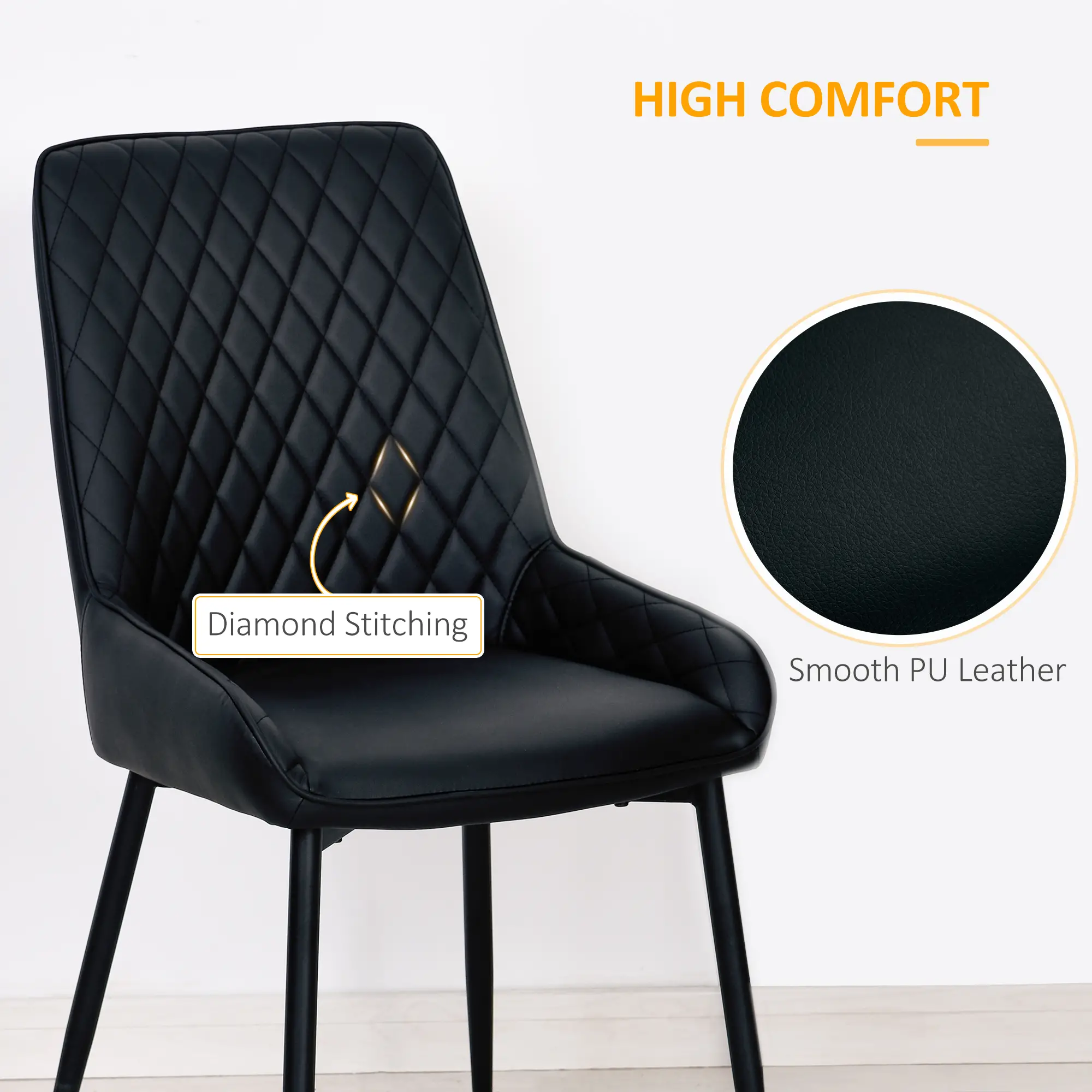 Modern Dining Chairs Set of 2, PU Leather, Metal Legs, Black - Image 4