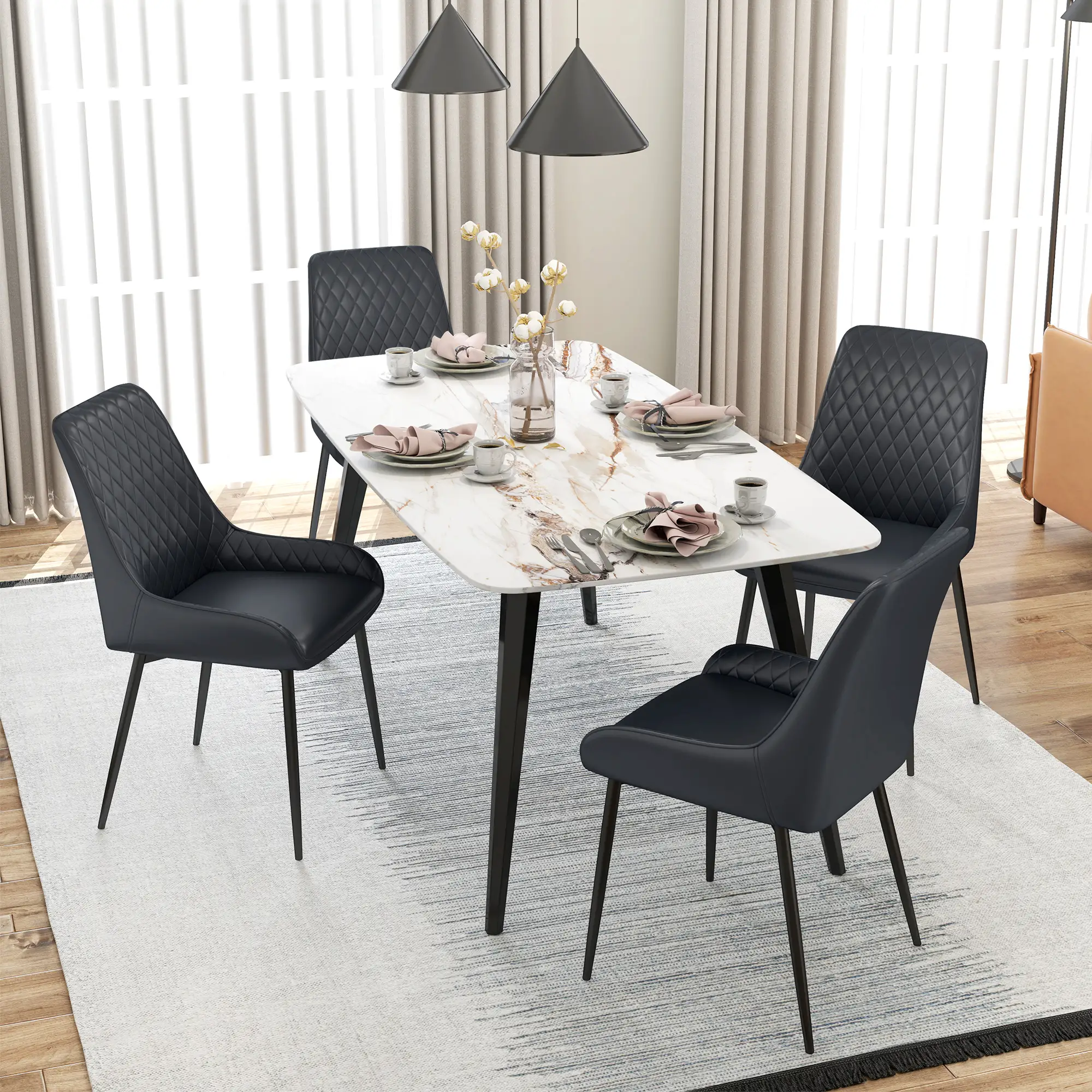 Modern Dining Chairs Set of 2, PU Leather, Metal Legs, Black - Image 9